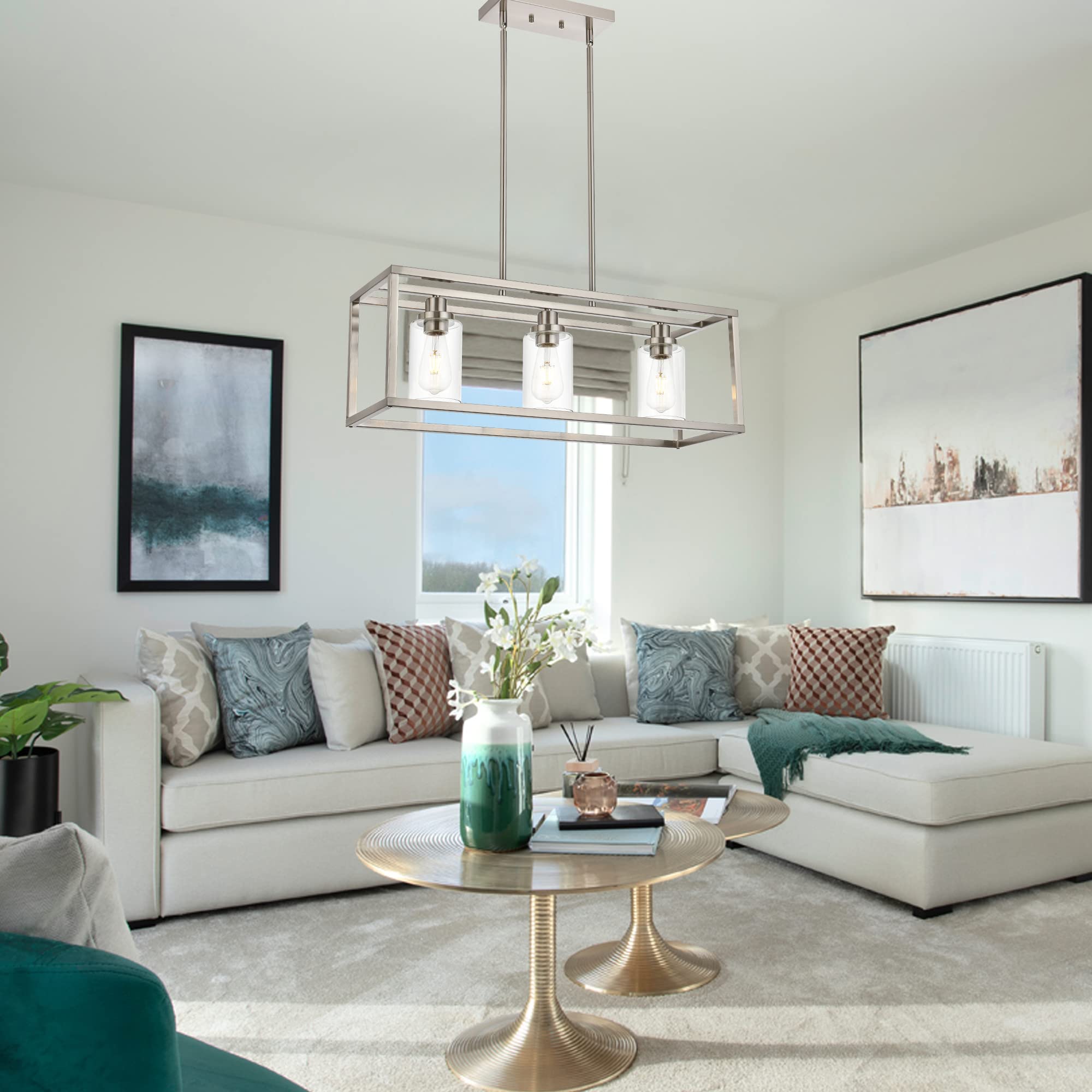 MELUCEE Rectangle Chandelier 3-Light Brushed Nickel Glass 26 inches for Dining Room, Kitchen Island, Hallway, Living Room