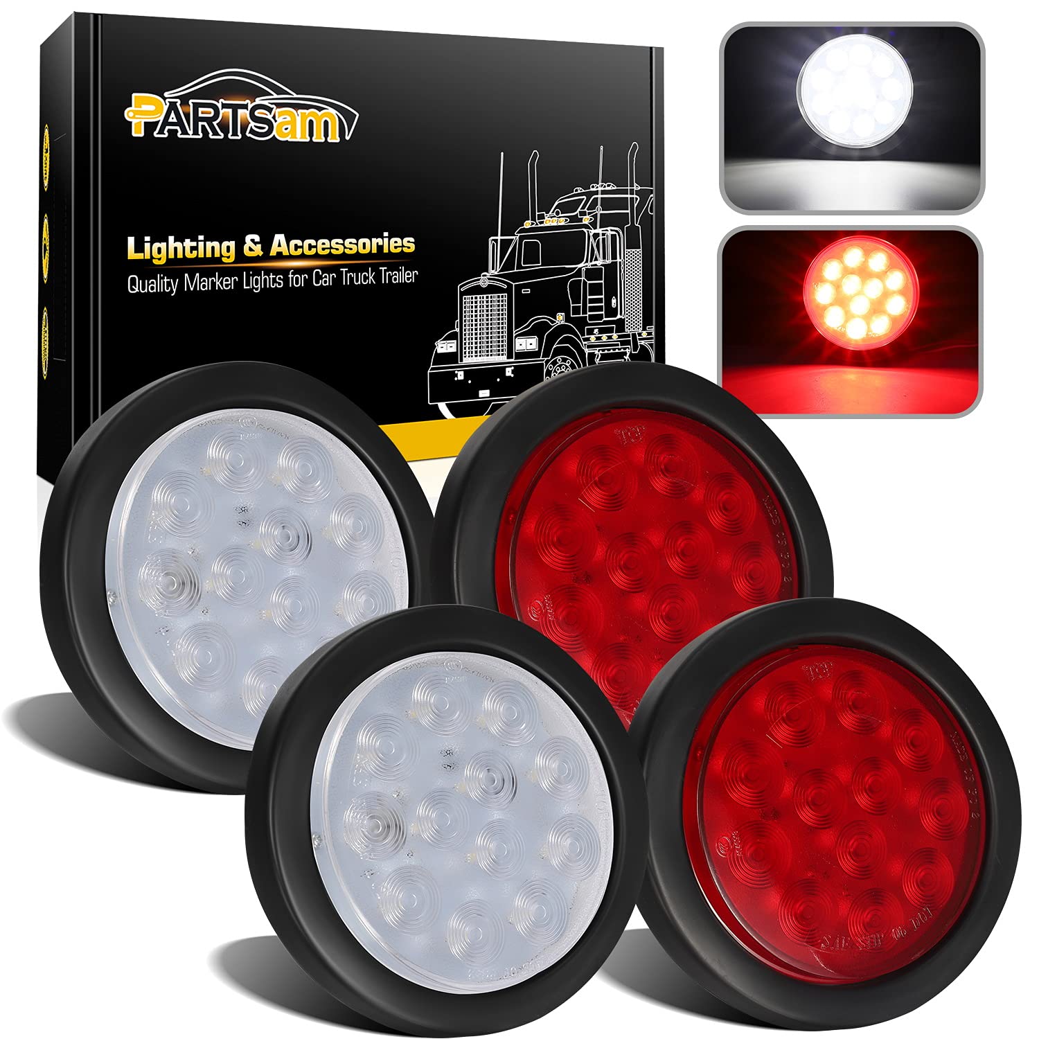 Partsam 4Pcs 4 Inch Round Led Stop Turn Tail Back-up Reverse Fog Lights 12 LED Include Lights Grommet 3-Prong Wire Pigtails Round LED Trailer Tail Light Kit for Truck Trailer RV(2 Red + 2 White)