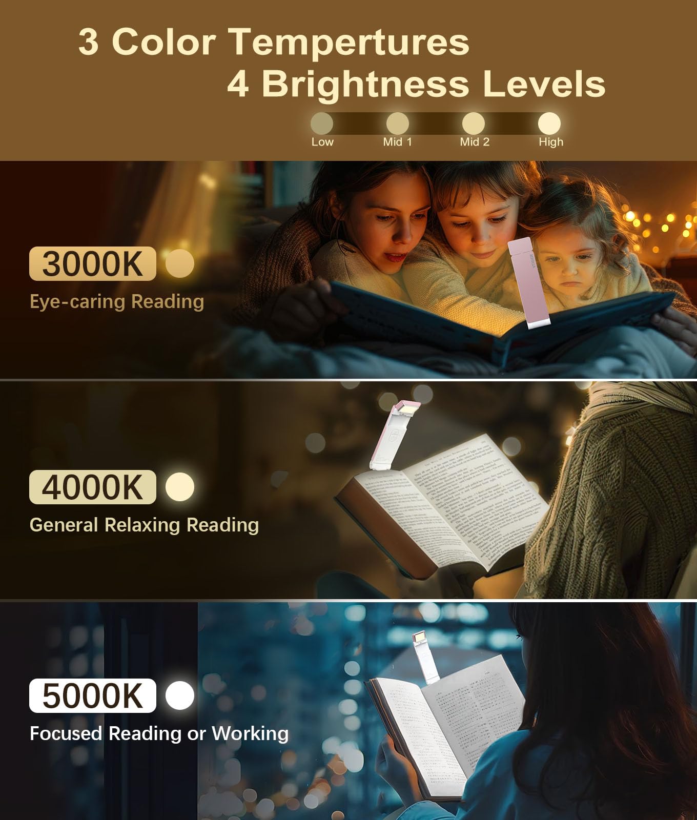 VTIGER USB Rechargeable Book Light, Foldable Clip-on LED, 3 Amber Colors, 4 Brightness Levels, Rose Gold, Model B1