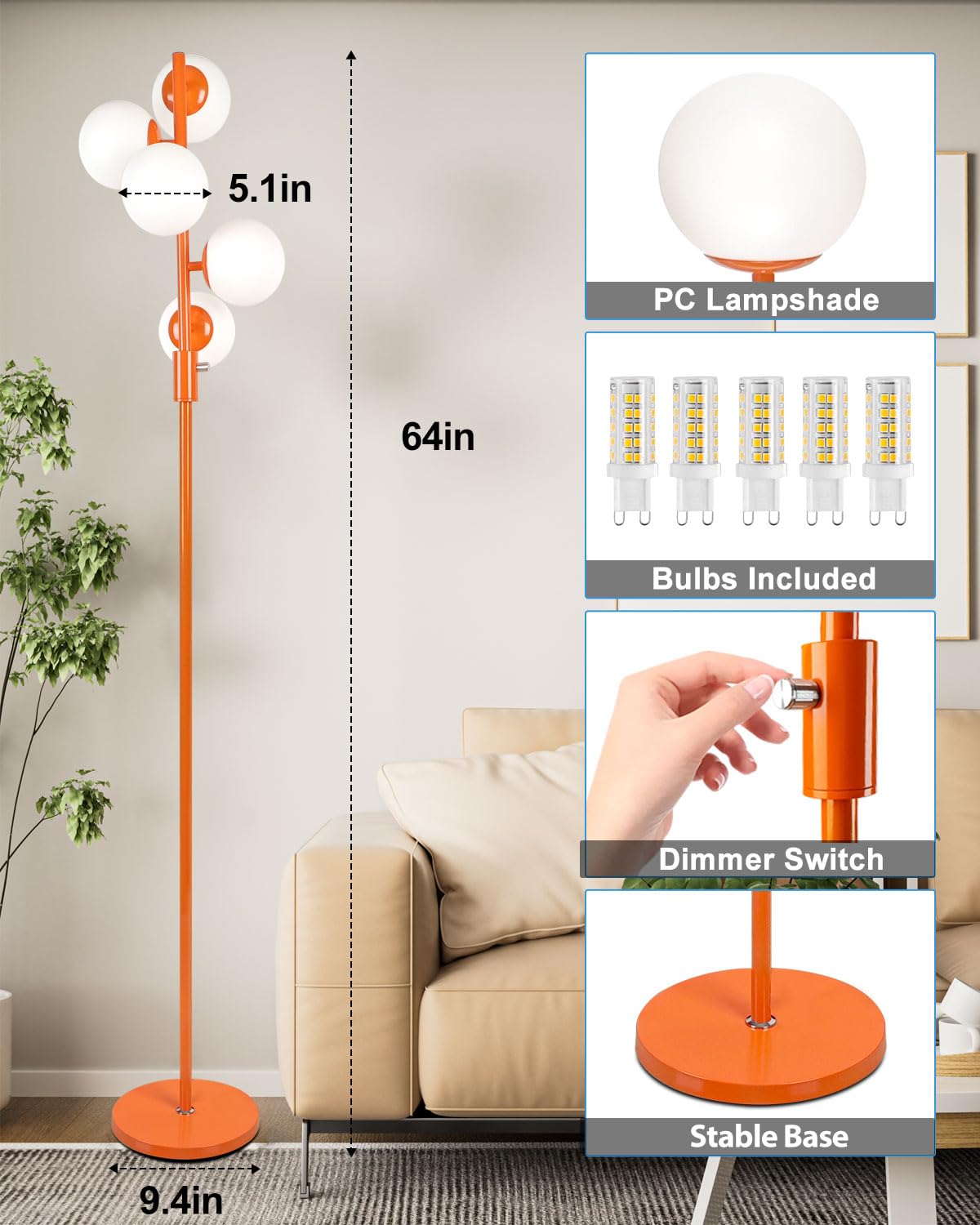 Lightdot 5-Globe Dimmable Globe Floor Lamp Orange Retro Standing Lamps With 5Pcs 3000K G9 Bulbs Stepless Brightness Adjustable M