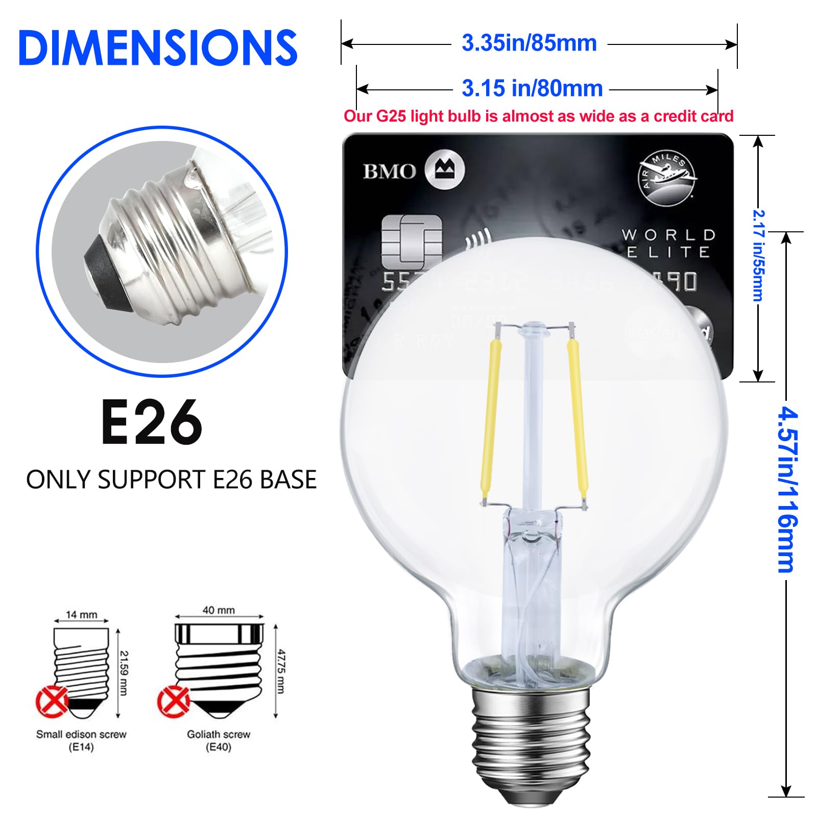 Led Globe G25 Dimmable Edison Light Bulb, 40 Watt Equivalent, 5000K,350Lm, E26 Medium Screw Base, Christmas Light, G80 Led Ediso