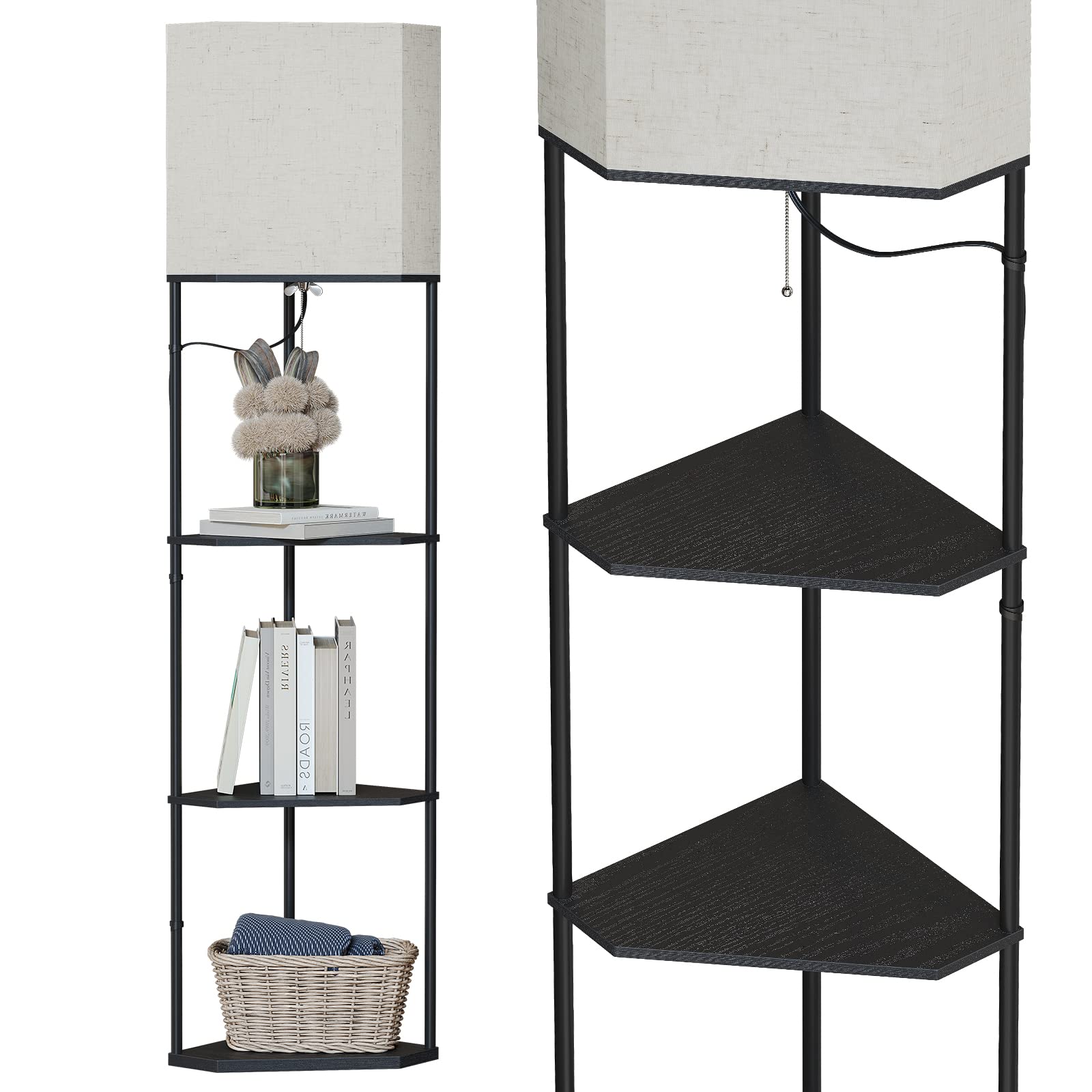 SUNMORY Sector Corner Shelf lamp 3 Color temperatures LED Bulb,Corner lamp with Linen lampshade, Floor Lamps for Living Room, Bedroom, Study,Black Corner lamp with Shelves