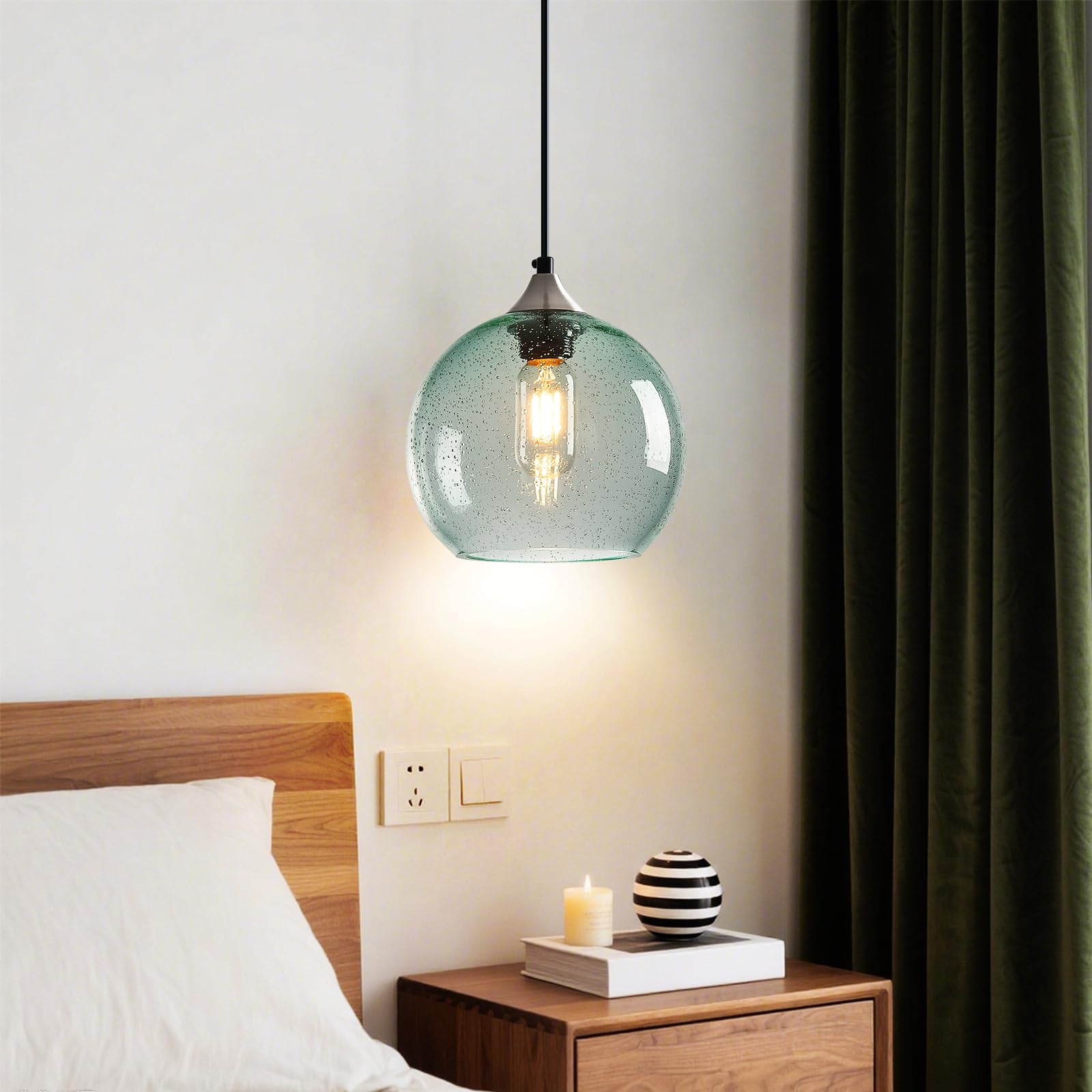 Lbsqj Light Green Glass Pendant Lights Kitchen Island Lighting Globe Pendant Light Fixtures Modern Pendant Lighting For Bedroom Living Dining Room Light Fixture (7.87 In  3 Pack)