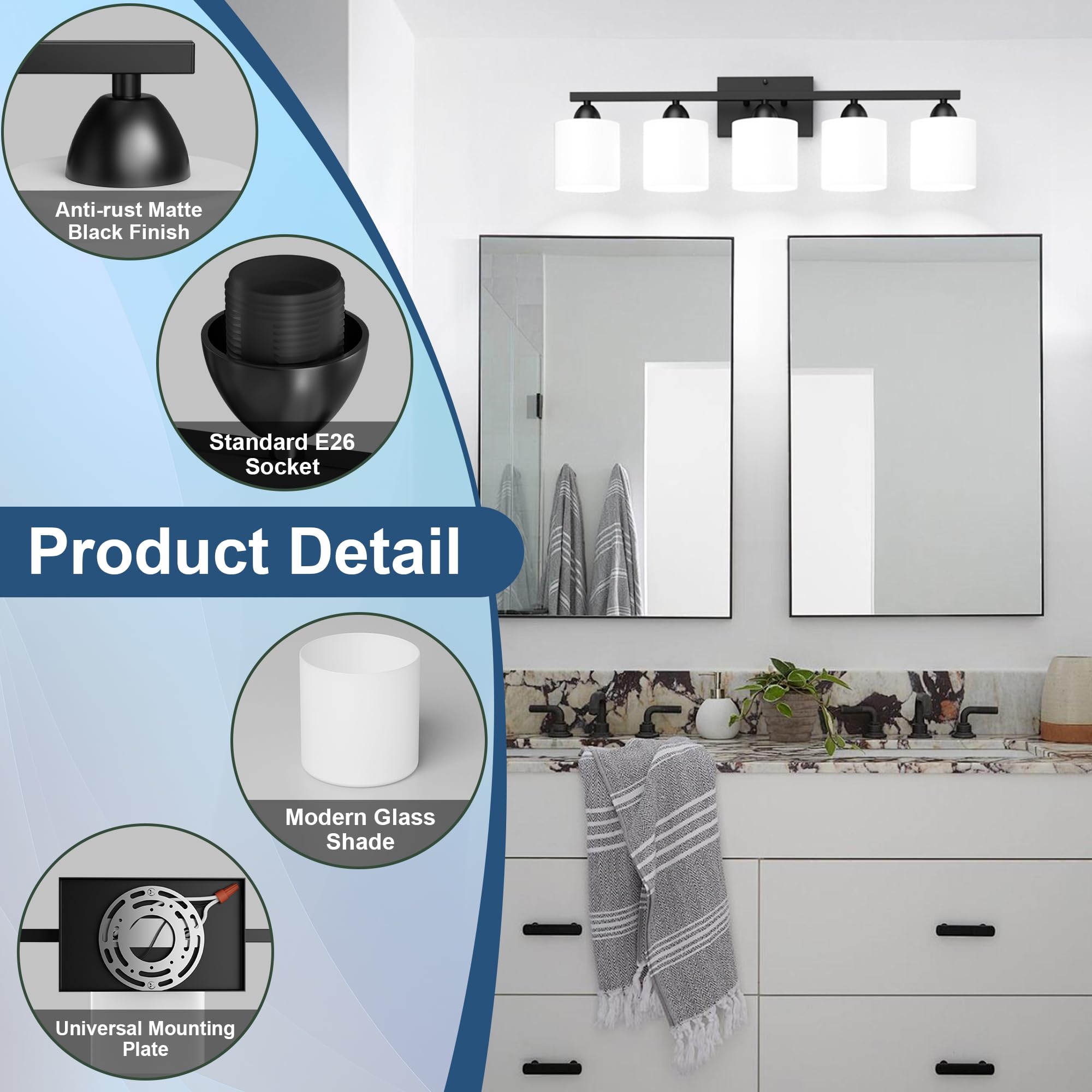 Dekang Black Bathroom Lighting Fixtures Over Mirror, 5-Light Anti-Rust Vanity Light For Bathroom, 28.34Inches Modern Wall Sconce