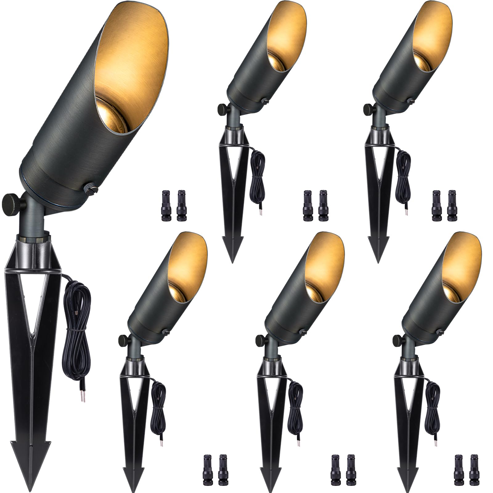 Gardenreet 12V Spot Lights Solid Brass - Outdoor Low Voltage Landscape Spotlight  Wired LED Uplights Waterproof  Stretchable Shroud Bronze for Patio Wall with 5000K Daylight MR16 Bulb (6 Pack)
