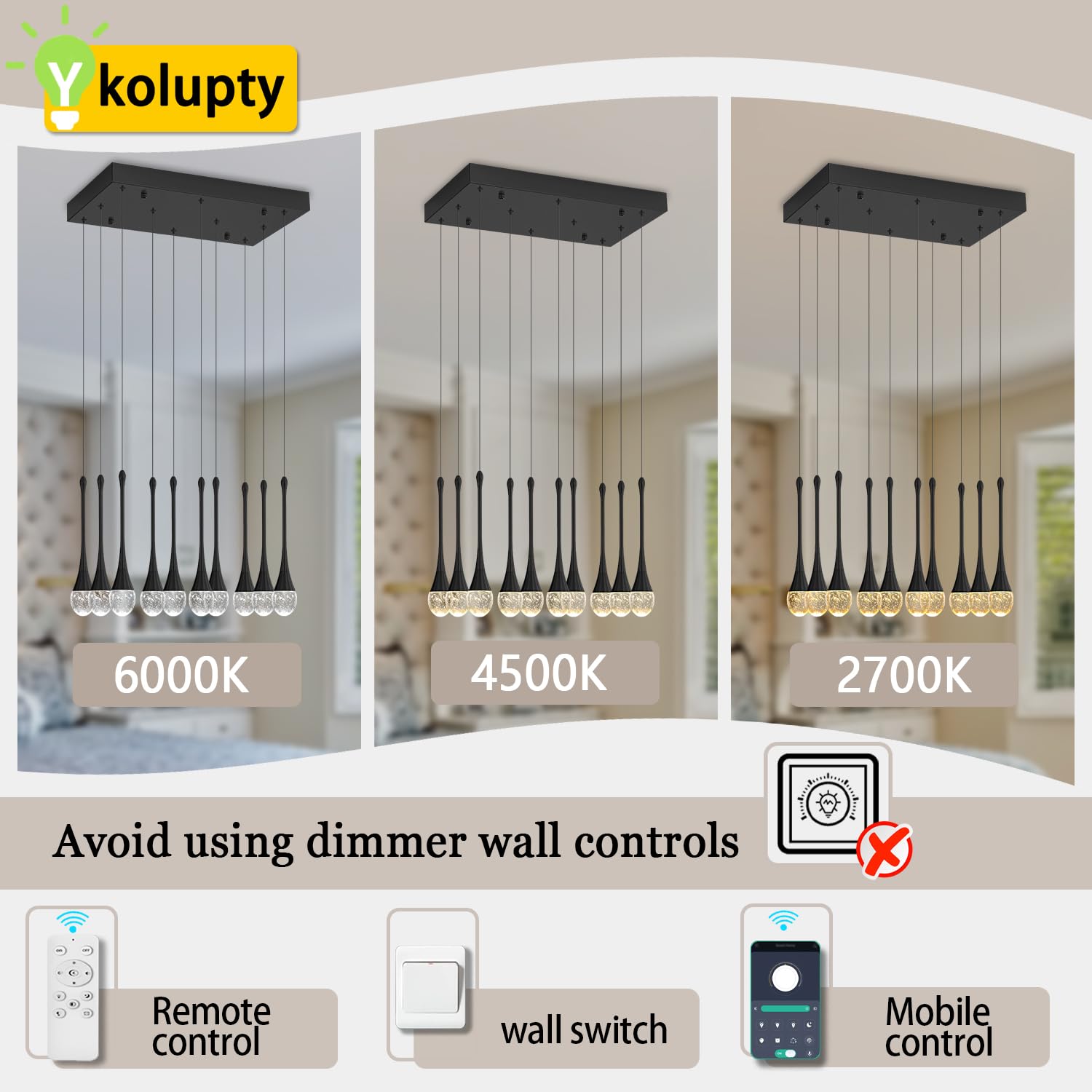 Ykolupty Rectangular Chandeliers For Living Room Black Dining Room Lights Fixture Raindrop Pendant Lights Kitchen Island Crystal