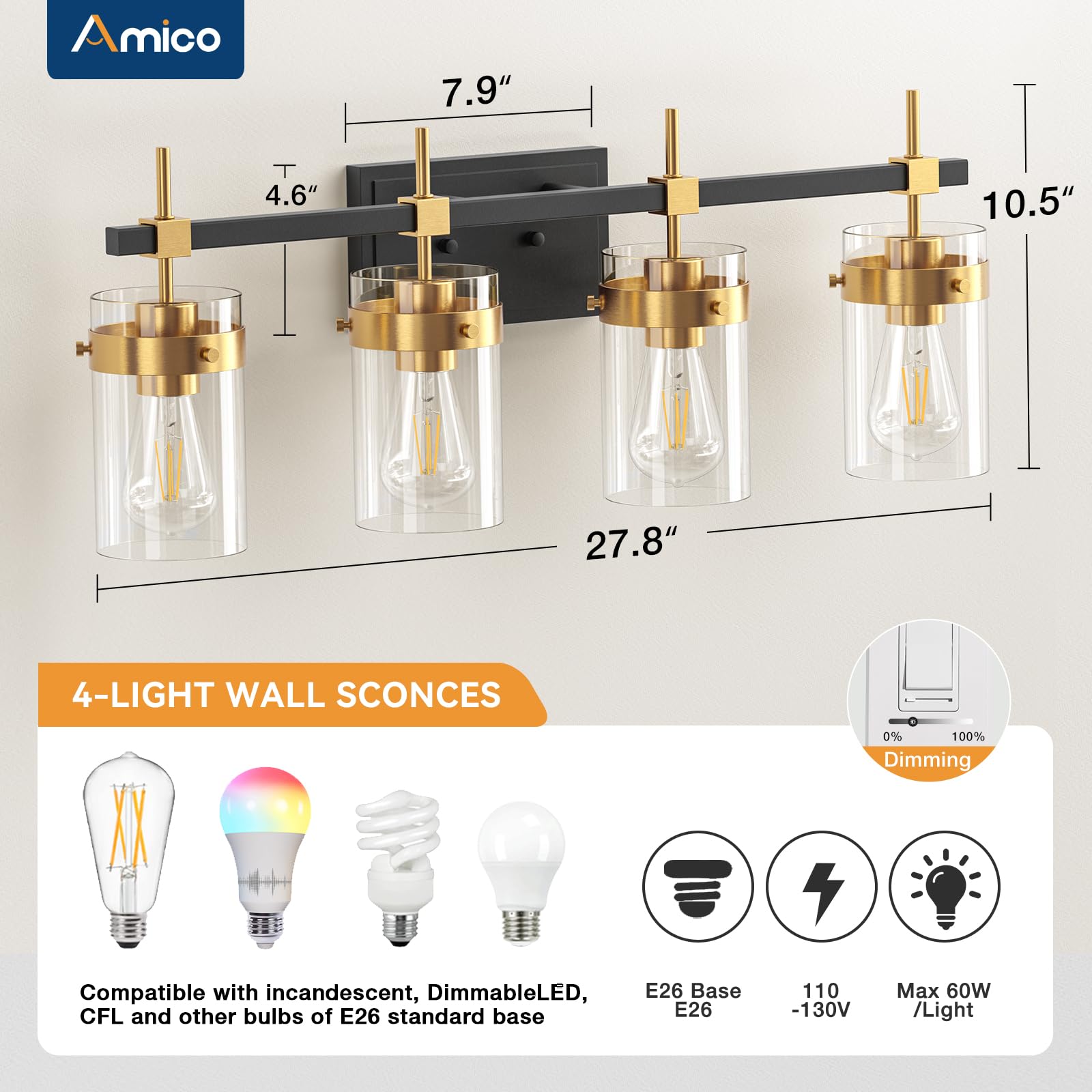 Amico Vanity Lights For Bathroom, 4-Lights Bathroom Light Fixture Over Mirror For Bath Glass Shade Light, Wall Sconce Lighting F