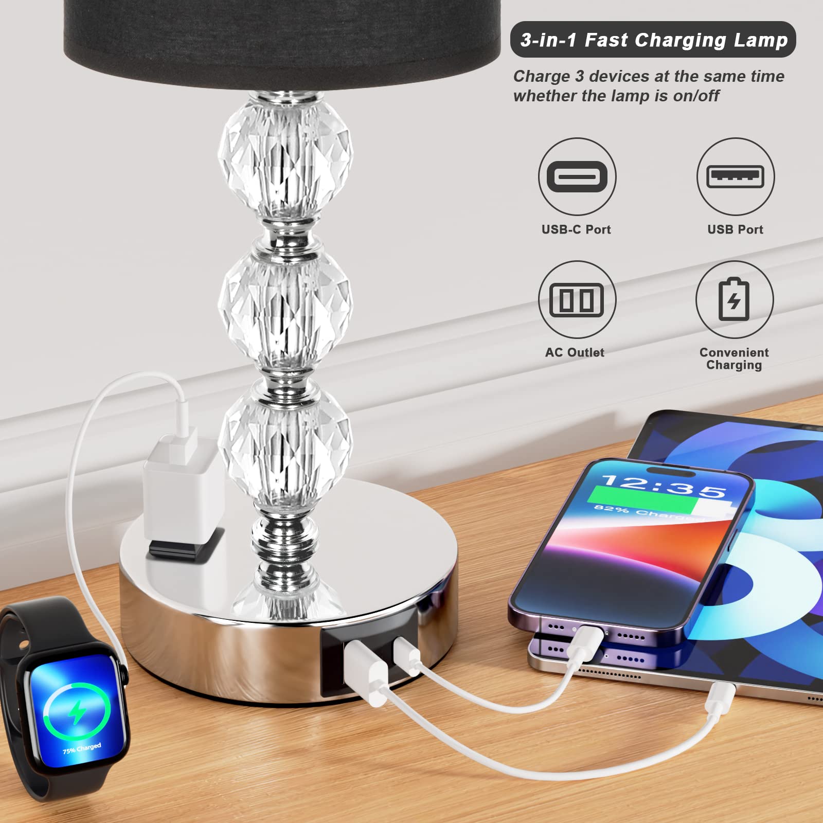 Acaxin Black Touch Bedside Lamp - Crystal Table Lamp with USB C+A Ports, 3-Way Dimmable, 14.6in for Living Room/Bedroom
