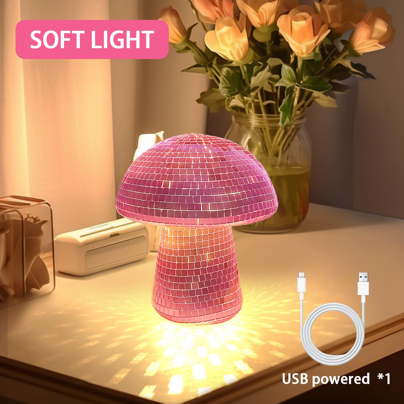 IJG Mushroom Disco Ball with Lights, 6 Inch Pink Plastic Home Art Decoration, Retro Design