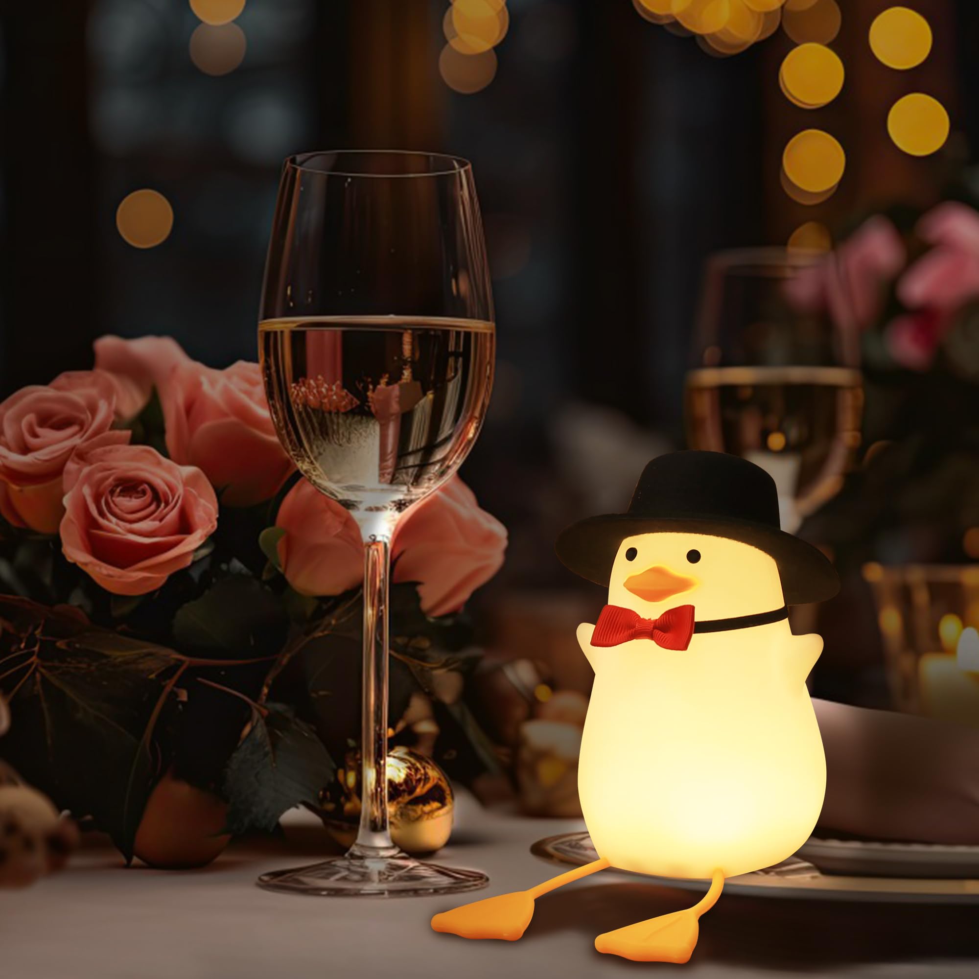 Hinittey Benson Gentleman Duck Night Light - Cute Duck Lamp With Black Hat& Bow Tie  Warm Dimming Light & Timer For Room  Birthday  Xmas  Baptism Gifts For Baby Boys & Girls