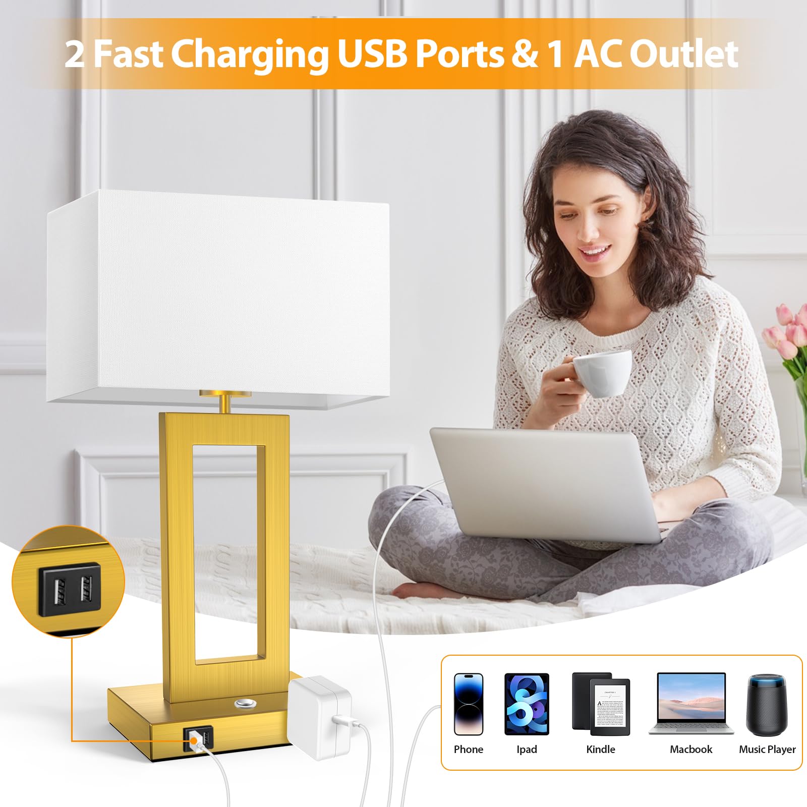 Kondras 3 Color Temperatures Touch Control Table Lamps Set Of 2, Stepless Dimmable Bedside Lamps With 2 Usb Ports&Ac Outlet, Mod