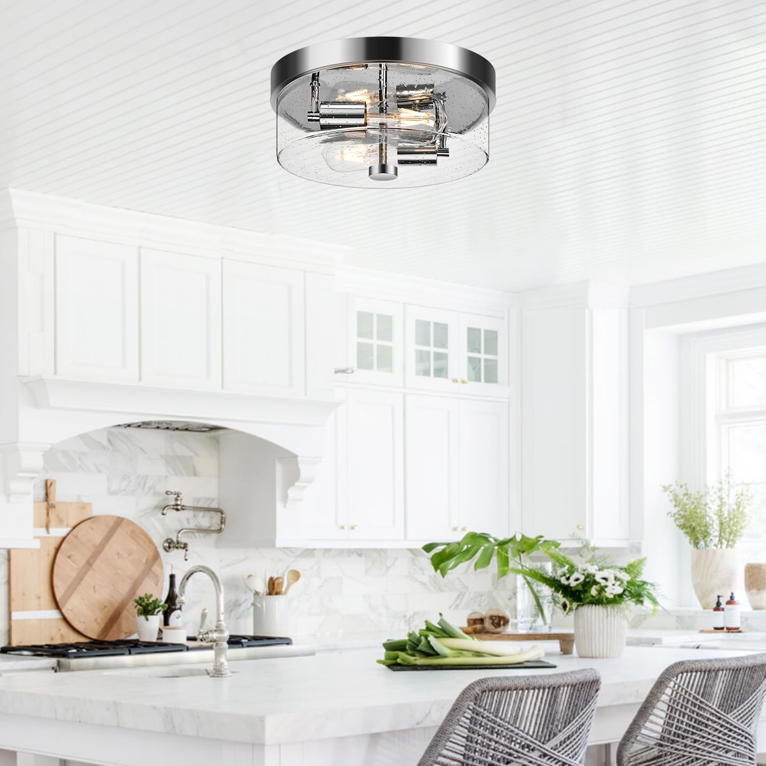 Flush Mount Ceiling Light Fixtures, 2-Light Chrome Ceiling Mount For Farmhouse With Seeded Glass Lampshade, Industrial Hall Flus