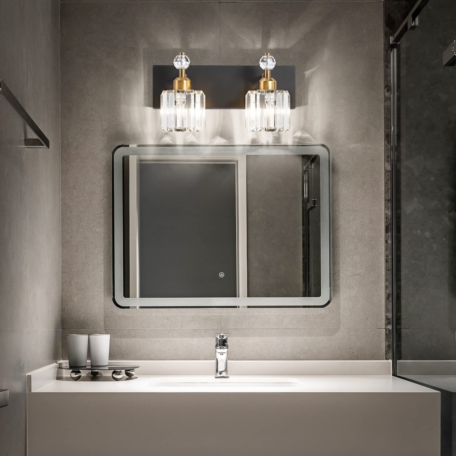 PRESDE Modern Crystal Black 2-Light Bathroom Vanity Lights, Matte Black Metal Fixtures for Wall Sconce Over Mirror