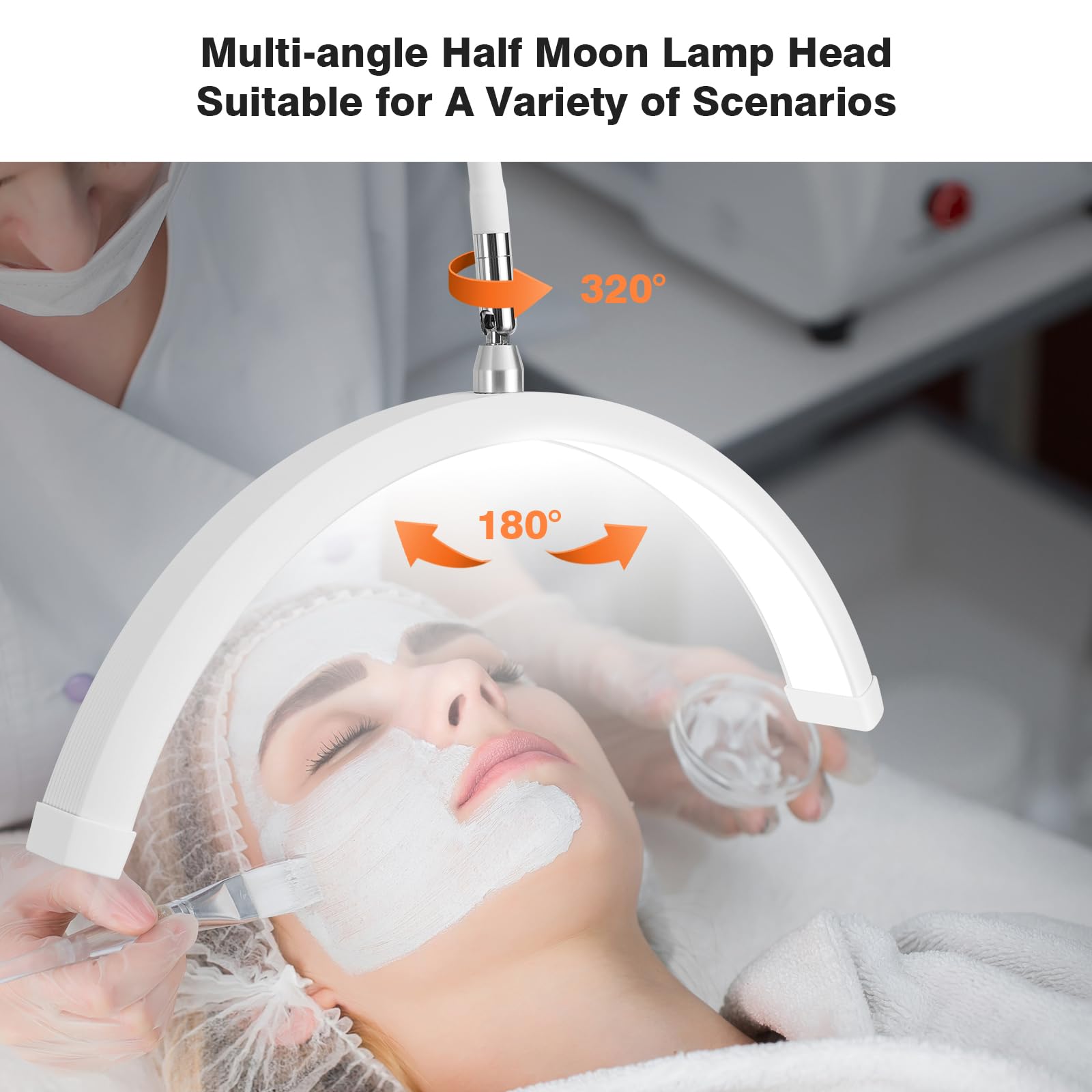 Mznoo LED Floor Lamp for Eyelash Tech, Adjustable Brightness & Color Modes, Half Moon Light, White with Wheels, Model MZ-FL18