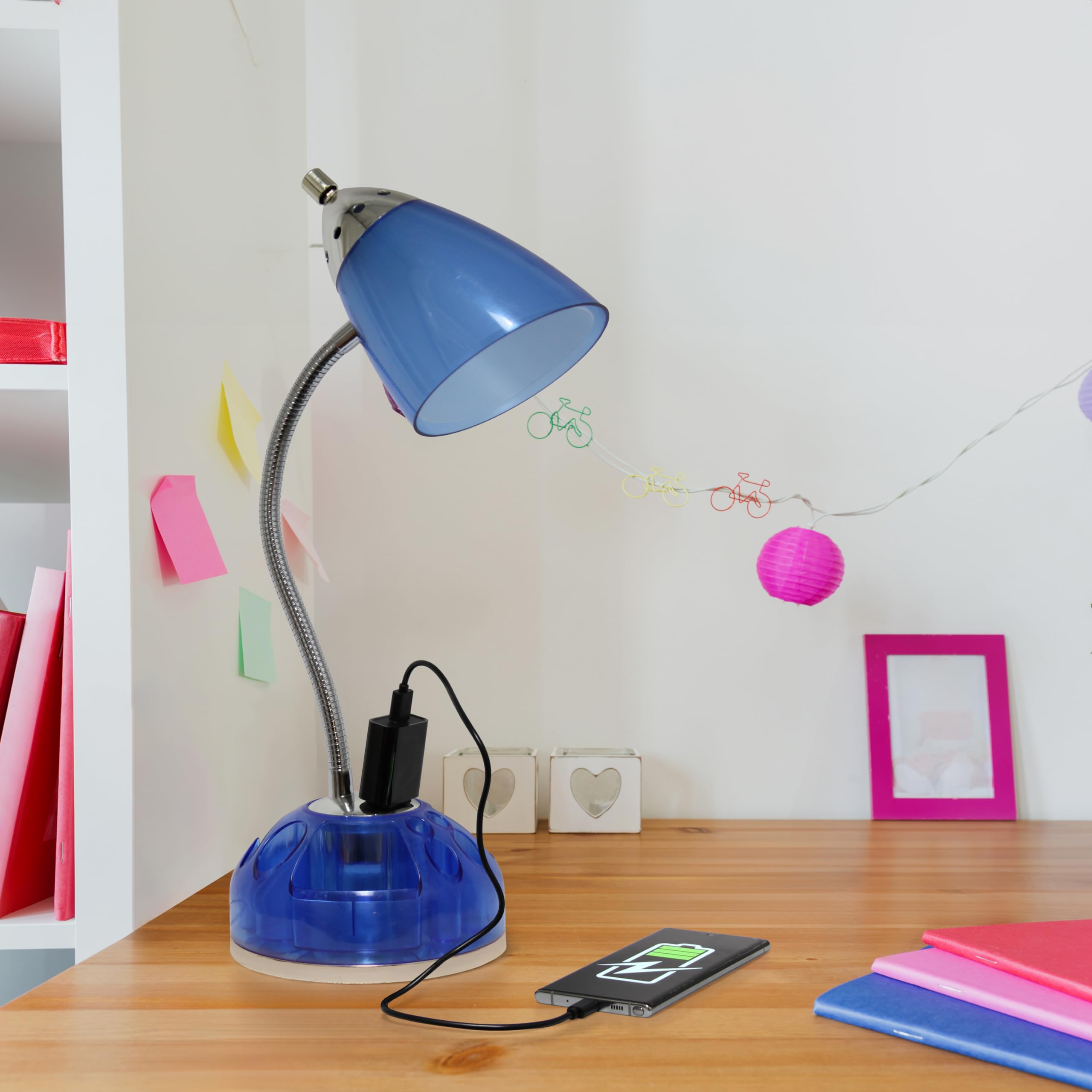 Simple Designs LD1015-CBL Desk Lamp with Charging Outlet, 18.5inx6.4inx6.4in, Plastic, Clear Blue