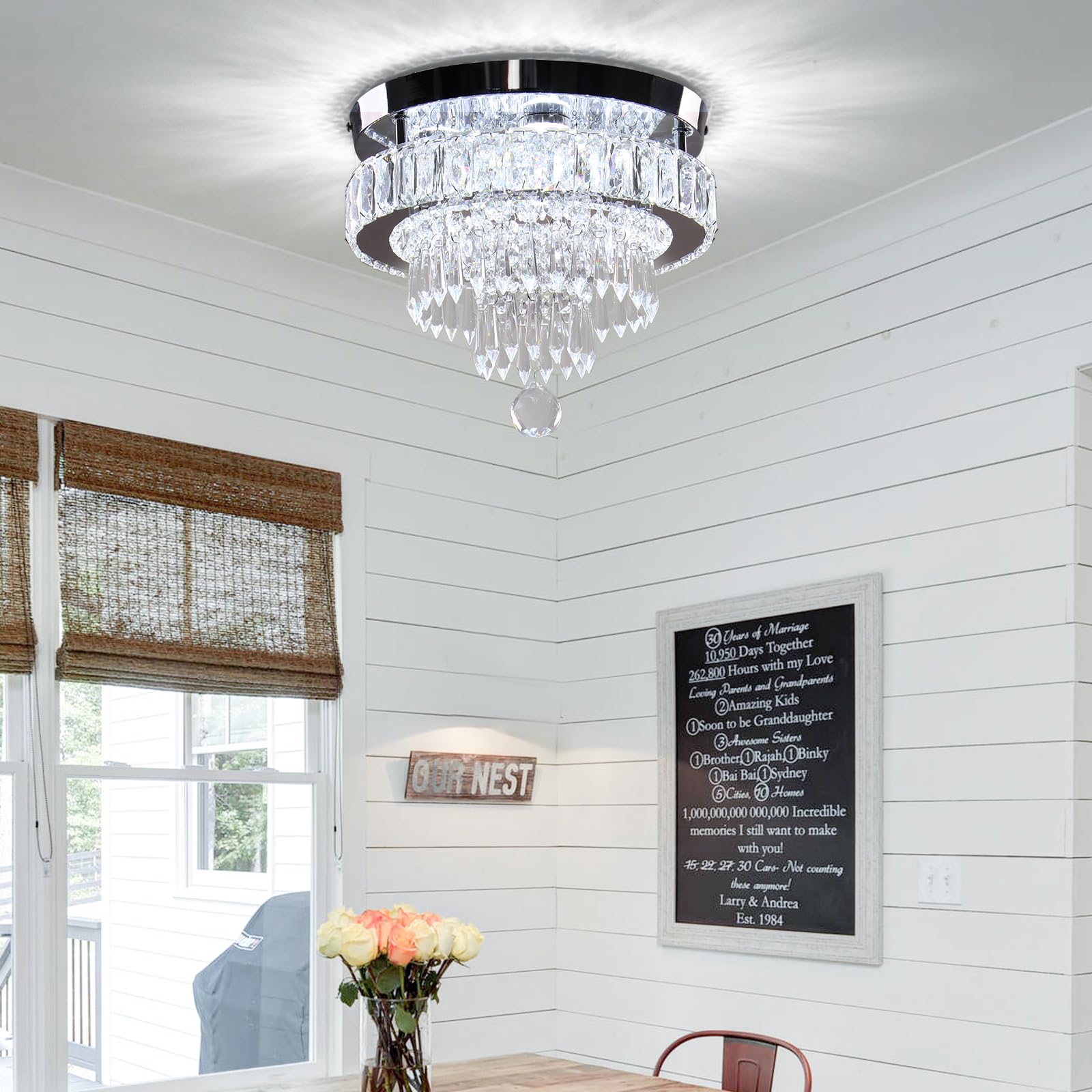 Finktonglan 11.8" Crystal Ceiling Light, LED Semi Flush Mount Chandelier, Cool White, Model CL300-C