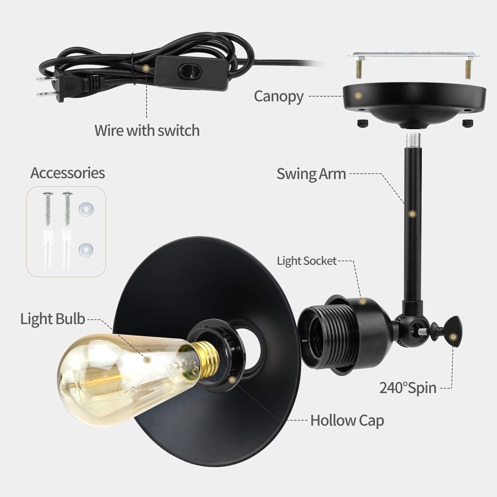 AEOREAL Plug-in Wall Sconce, Black Antique Swing Arm Vintage Light Fixture, E26 Base, 2 Pack