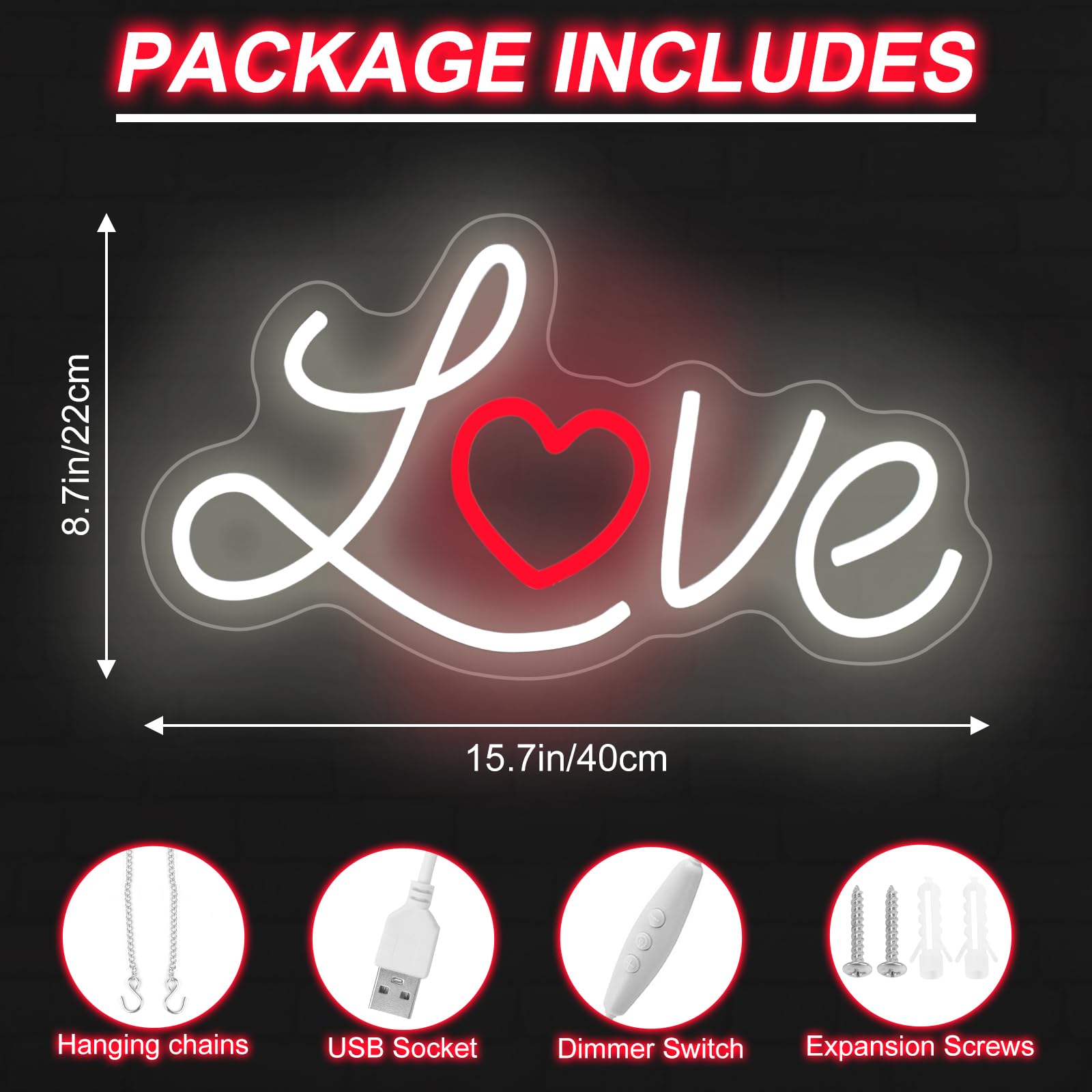 DMDMBSR LED Love Neon Sign, Dimmable Acrylic Wall Decor, Small 15.7inx8.7in, Love Heart, Model fb-19