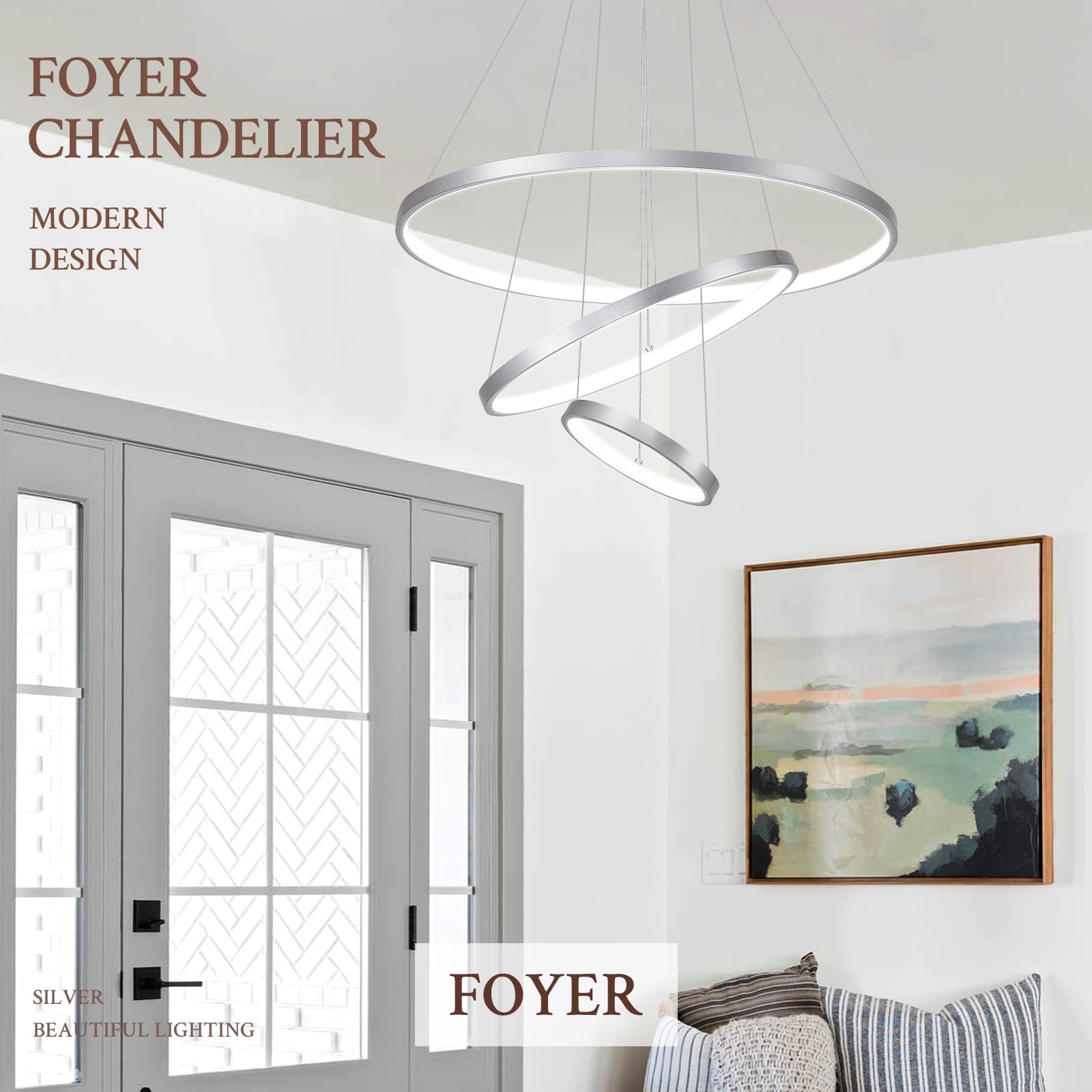 Sparklelf LED Chandelier, Silver, 3 Rings 23.6inch, Dimmable, Remote Control, Model SE-P16-3SDC1