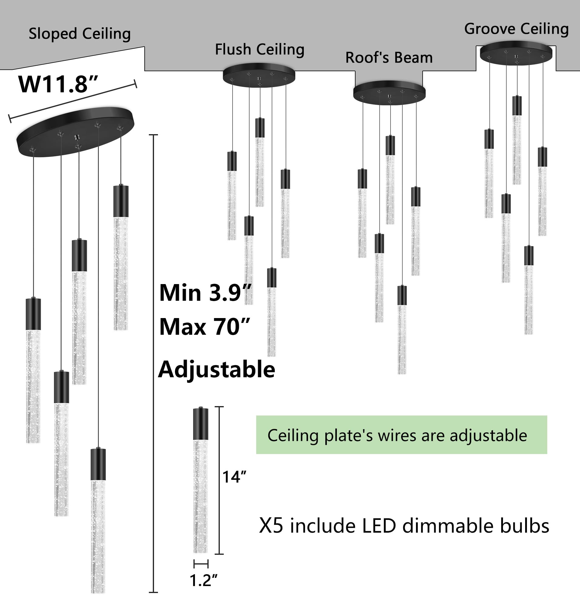 HAIXIANG 5-Lights Chandelier, Modern Crystal Pendant Lighting, Remote Dimmable, Matte Black, Model MMQ3810