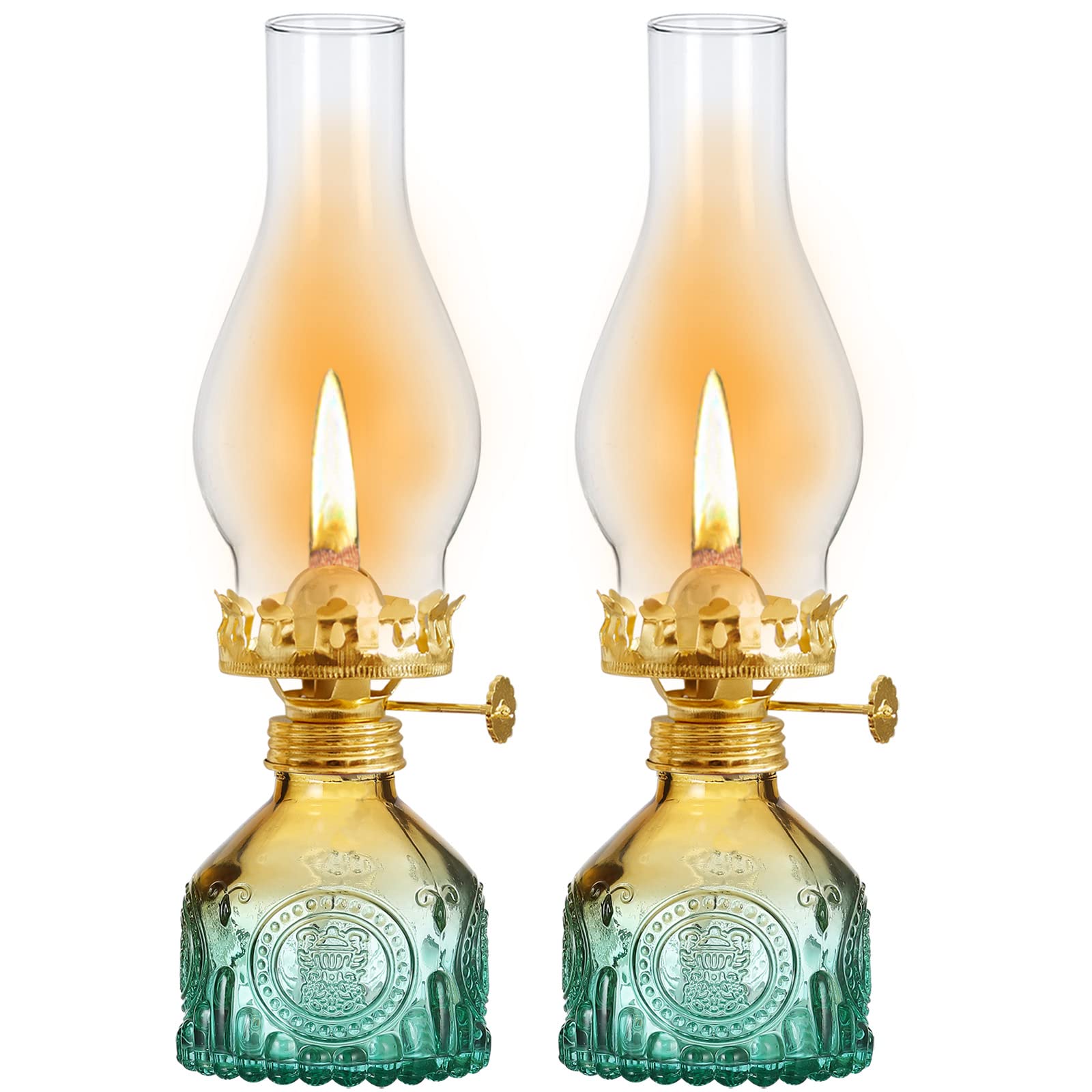 2 Pcs Vintage Large Kerosene Lamp Oil Lantern Color Glass Oil Lamps for Indoor Use Home Decorative Hurricane Oil Lamp for Tablet