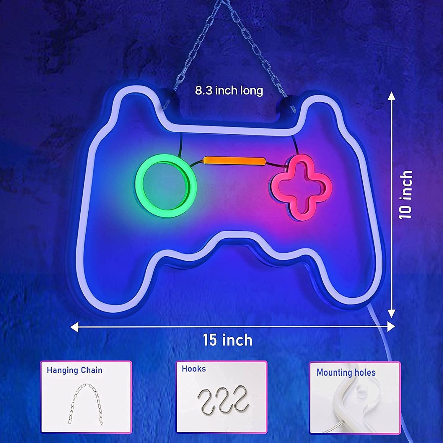 SOLIDEE Neon Sign Wall Decoration, Gamepad Controller Shape, Dimmable LED, 15x10 in, White/Clear, Model NHD-01