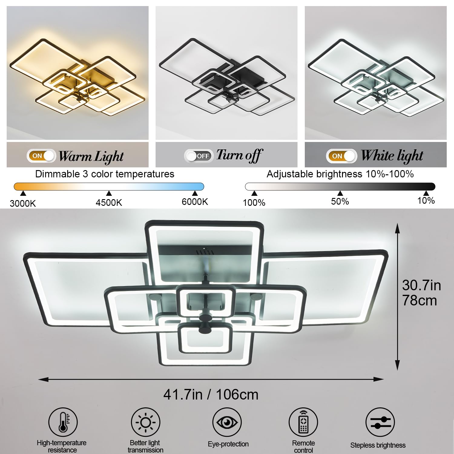 Modern Led Ceiling Light,41.7In Modern Led Ceiling Lamp For Living Room Kitchen Bedroom,Flush Mount Light Dimmable,8 Square Fram