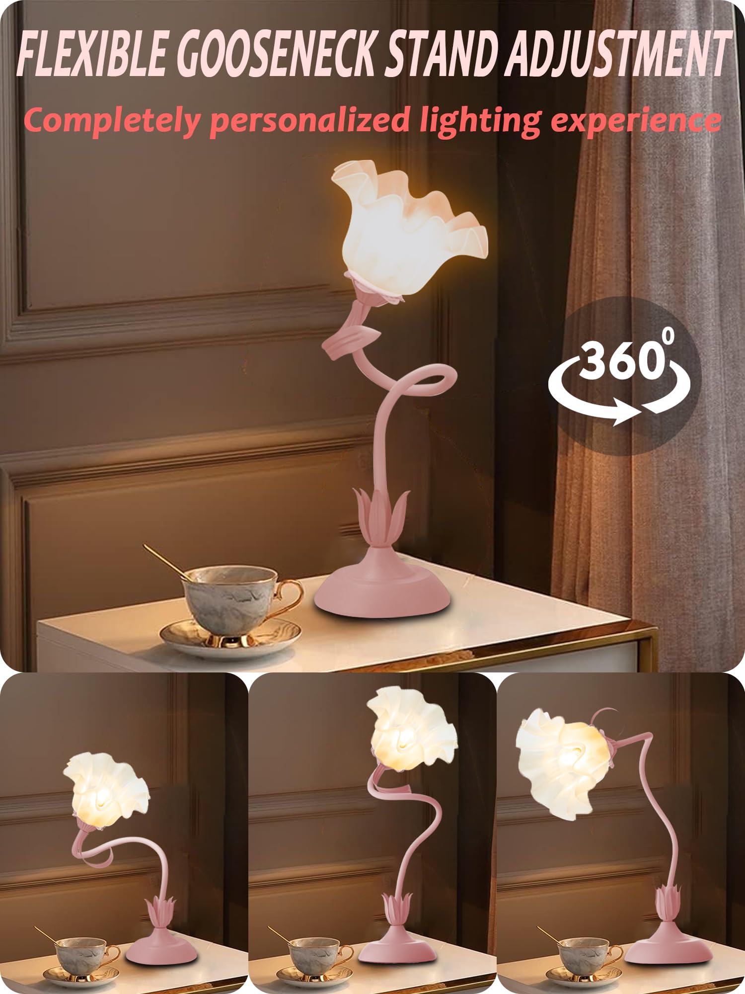 AQDZCNF Flower Table Lamp, LED Night Light, 3 Color Modes, 5.9in D x 5.9in W x 19in H, Pink, Model MN-Q