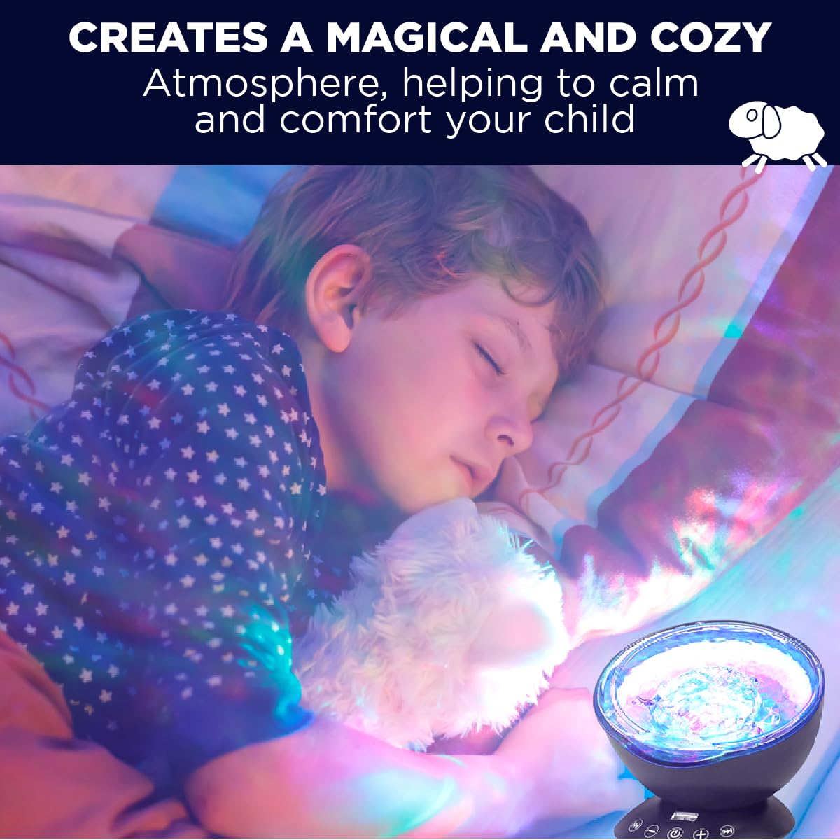 Bright Autism Calming Sea Lamp - Night Light Projector, 7 Light Modes, Color Changing, Black