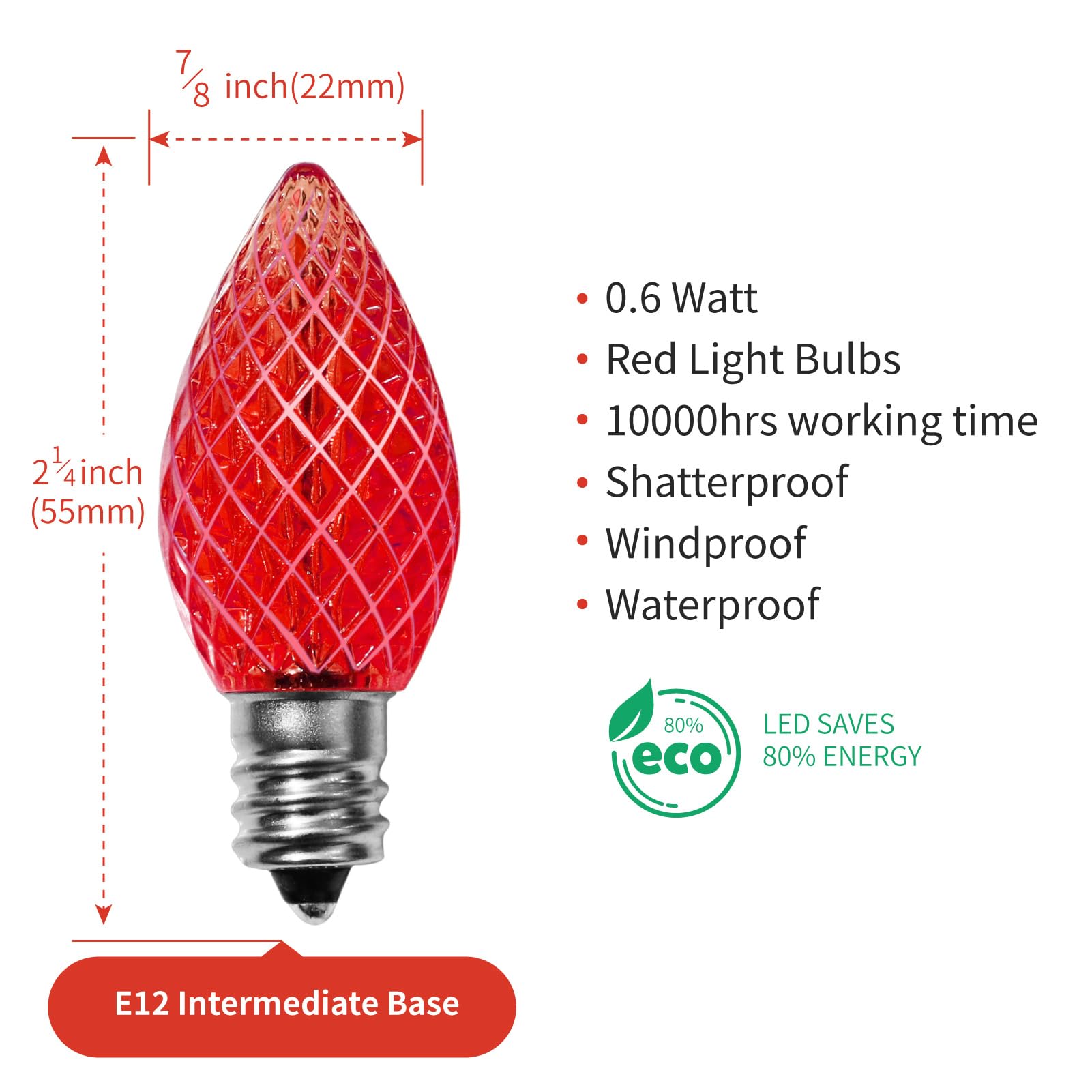 Meconard C7 LED Christmas Light Bulbs, Shatterproof, E12 Base, Red, 50 Pack, Commercial Grade, Indoor/Outdoor Use