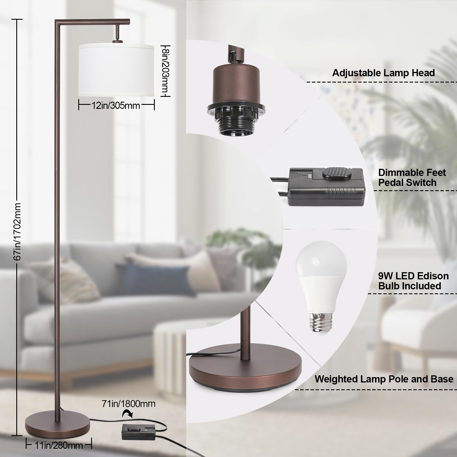 Fully Dimmable Floor Lamp Brown, Arc Floor Lamp For Bedroom With Adjustable Hanging Shade & Foot Switch, Modern Standing Lamp Co