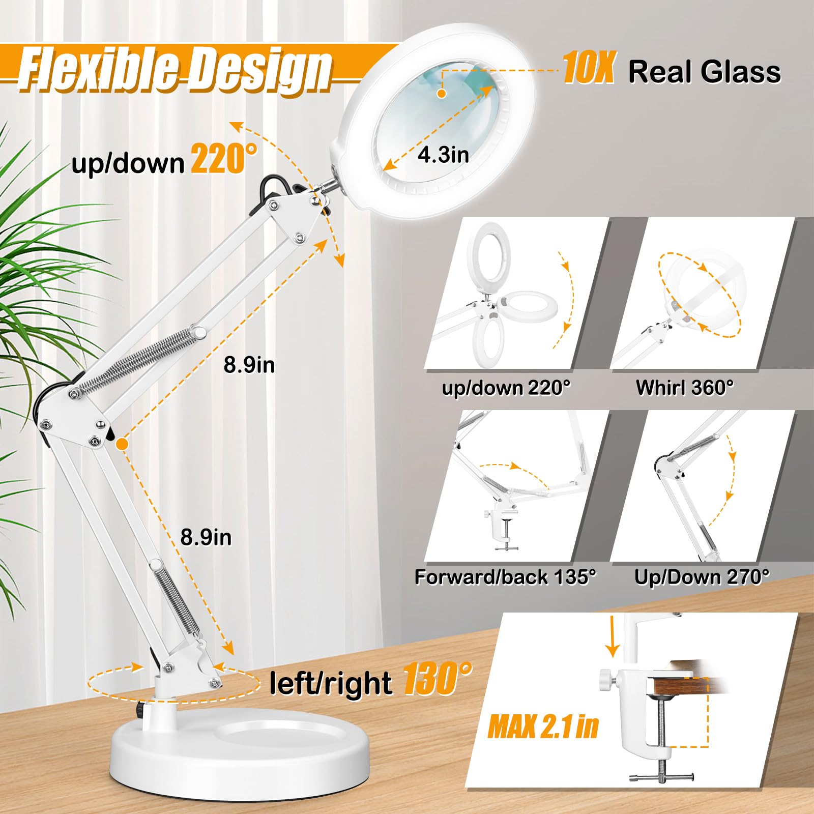 Ivmaie 10X Magnifying Glass With Light And Stand, 2-In-1 Lighted Magnifier With Clamp, 5 Color Modes Stepless Dimmable Led Desk Lamp Hands Free For Painting Craft Jewelry Sewing Close Work, White