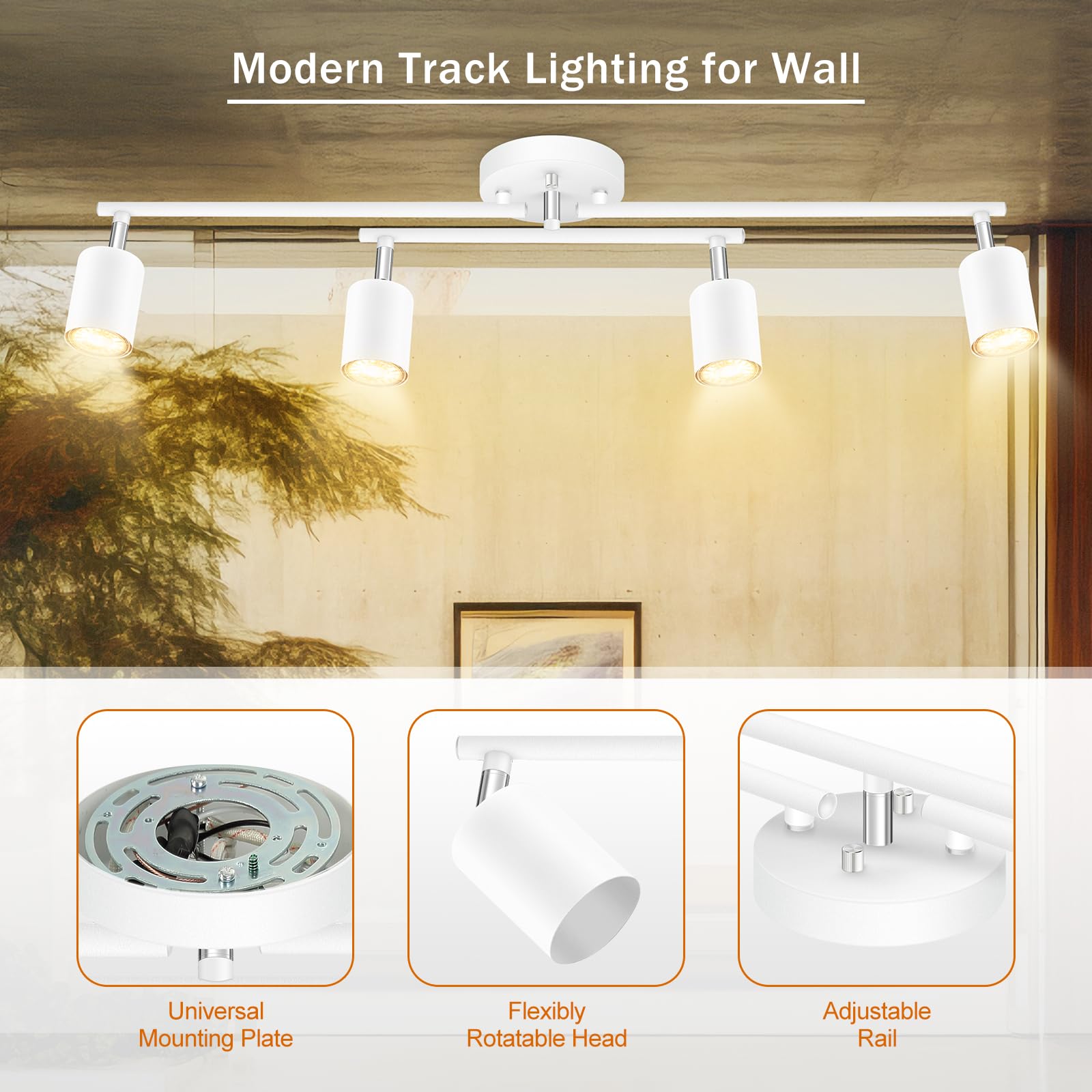 4 Light Track Lighting Kit Kitchen, White Track Lighting Fixtures Ceiling, 4 Way Modern Flexible Spot Track Lighting, Industrial
