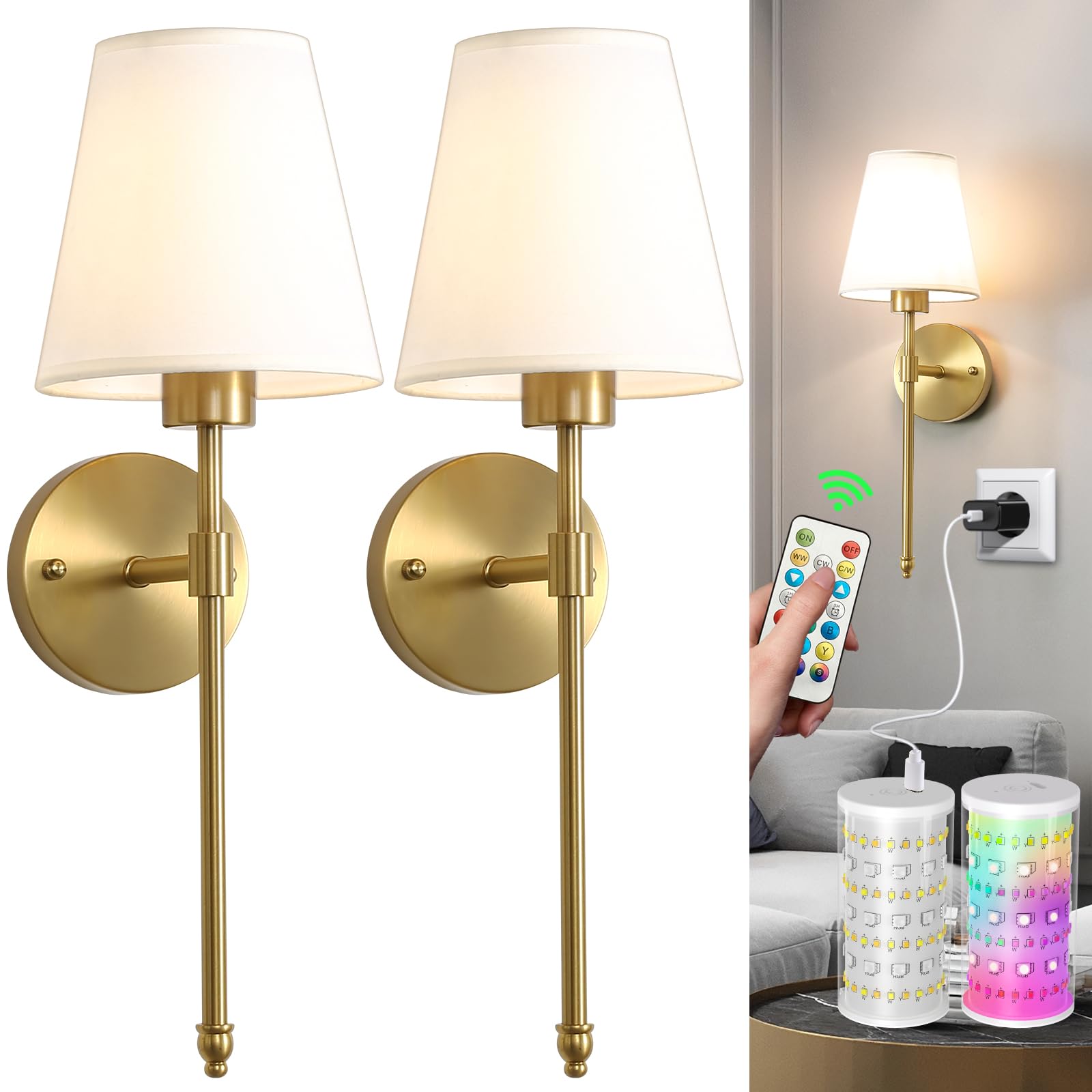 HIFCTRN Wireless Wall Sconces Set of Two Battery Operated, Rechargeable Wall Lamp with 10000 mAh Dimmable Bulb & Remote, 10 Colo