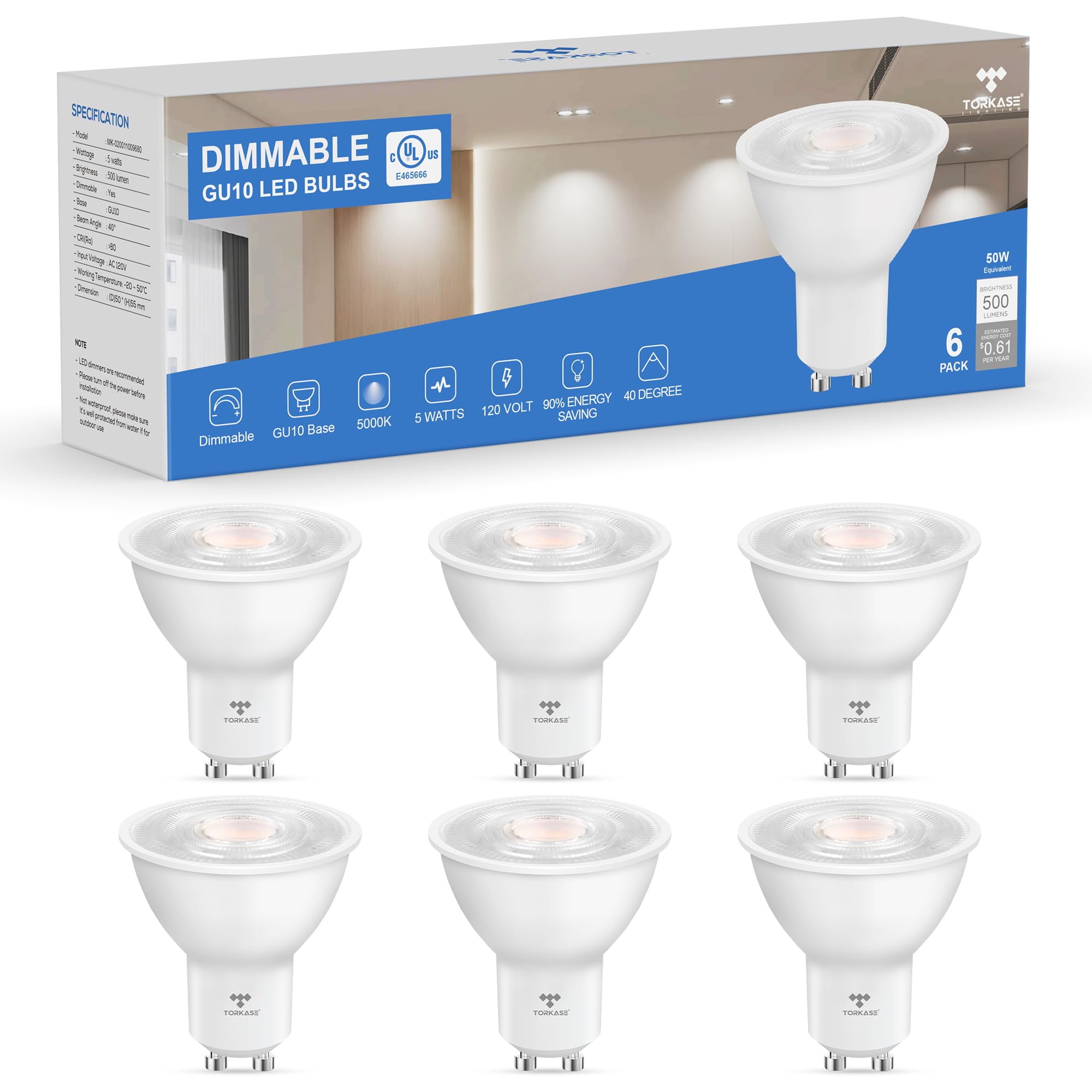 5000K Daylight White Dimmable Gu10 Led Bulbs, 5W 50W Equivalent, 120V 500Lm, Energy Efficient Lighting For Kitchen, Range Hood,