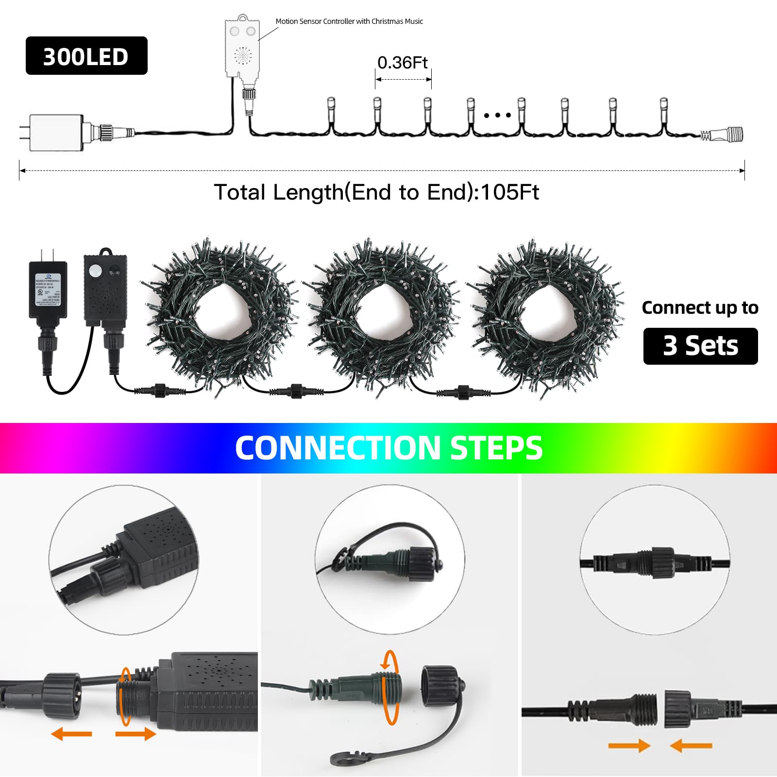 Music Motion Sensor Christmas String Lights 105Ft 300 Led,Multicolour Christmas Tree Lights,End To End Plug In 6 Modes Decorativ
