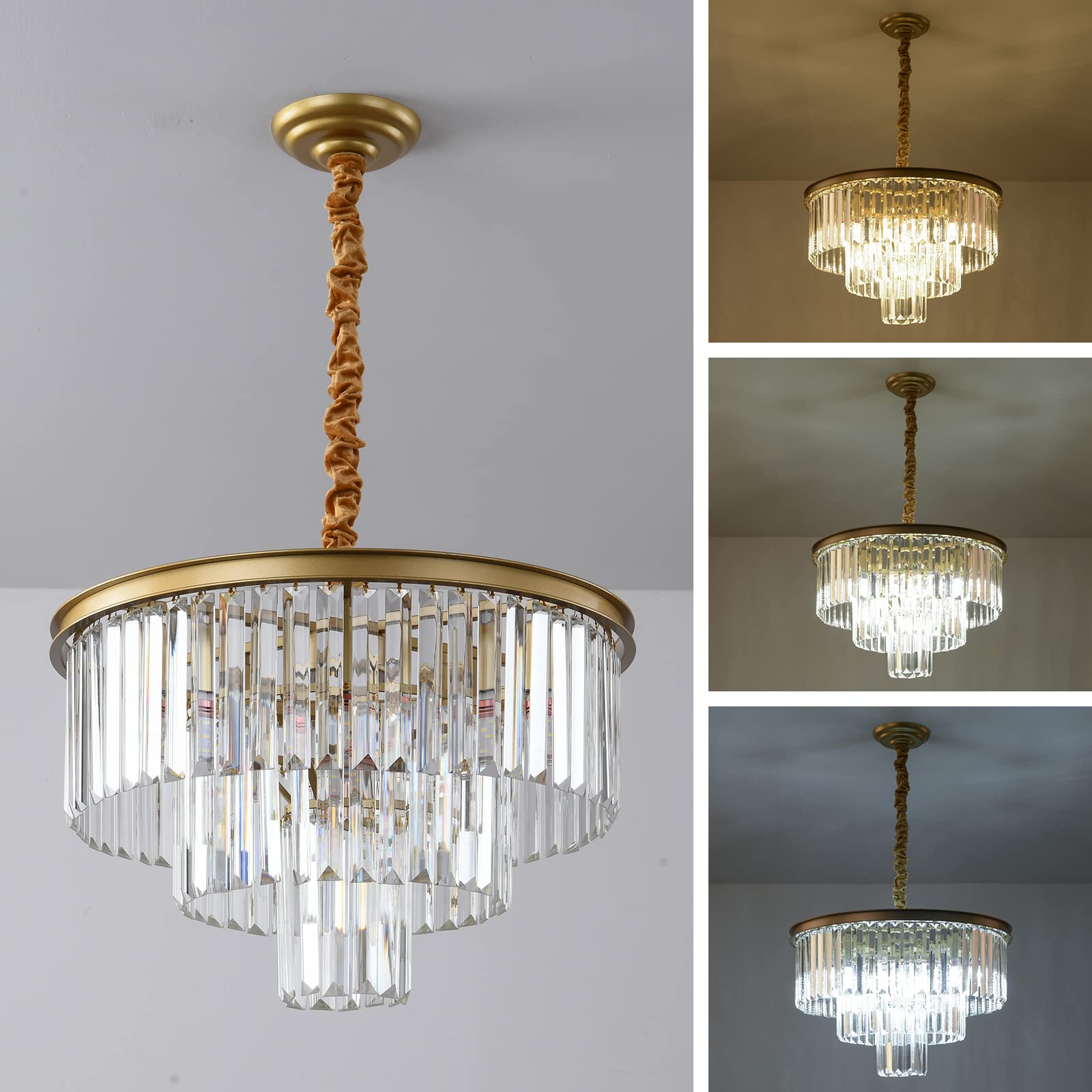 Laiuetai Gold Modern Crystal Chandelier  3-Tier Round Flush Mount Ceiling Light Fixtures Height Adjustable Pendant Lighting For Dining Room Living Room Bedroom Kitchen Hotel Foyer