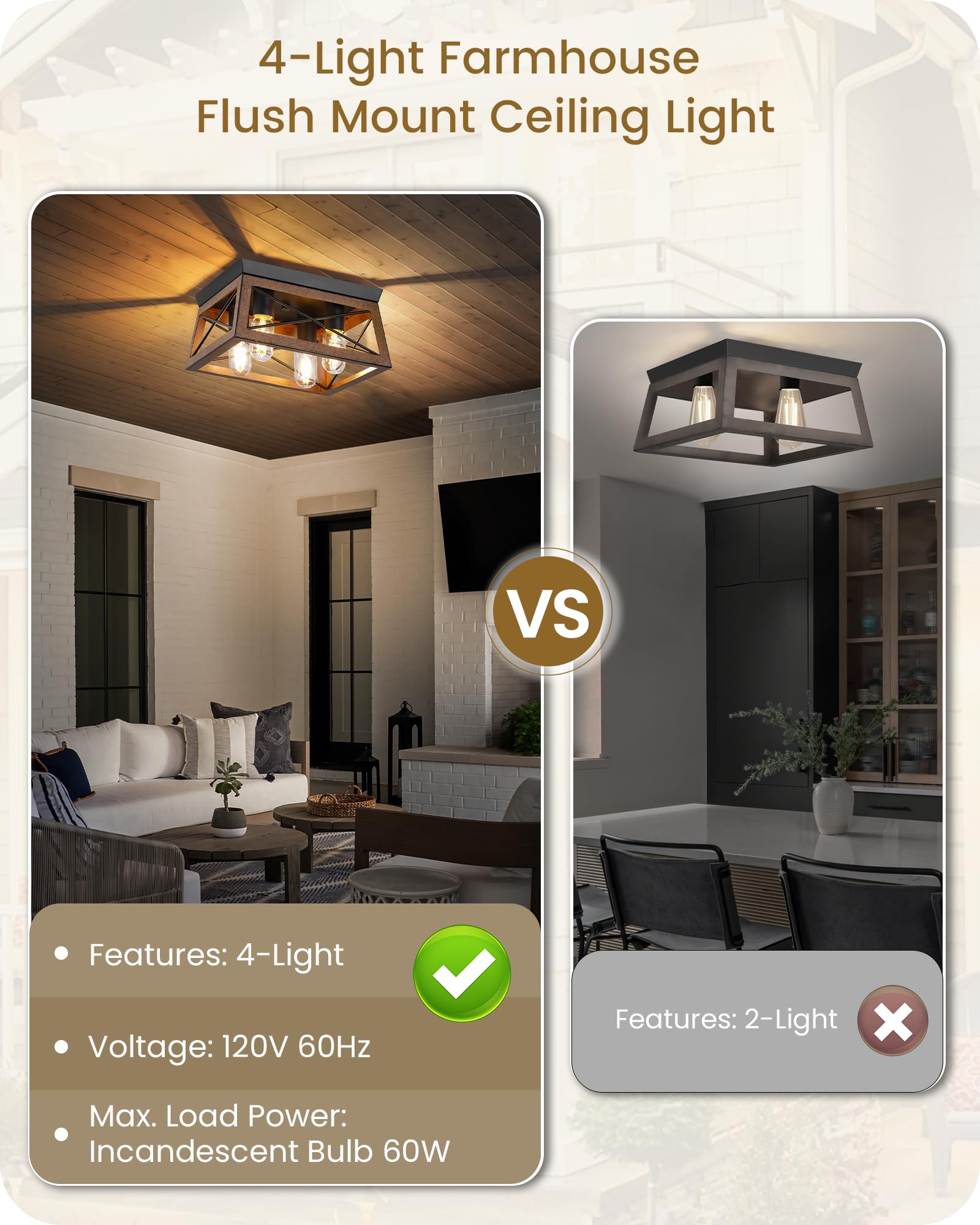 Goebleson Farmhouse Flush Mount Ceiling Light Fixtures, 4-Light Hallway Close To Ceiling Light, Metal-Framed, Wood Grain Finish,