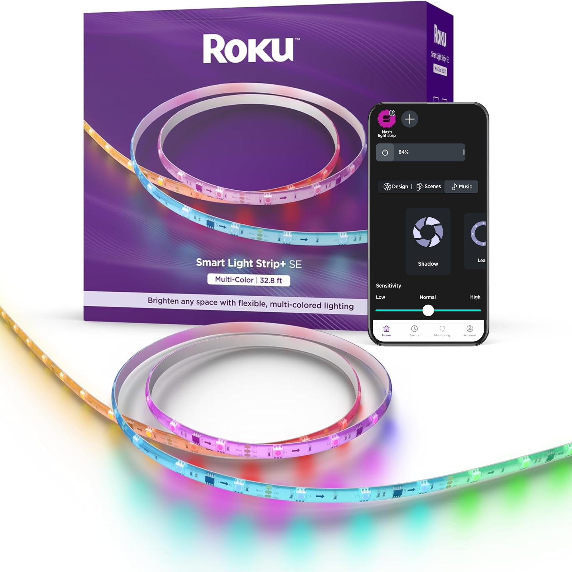 Roku Smart Led Light Strip+, 32.8Ft - Color Options With Adjustable Brightness & Temperature - Peel & Stick Wifi Smart Strip Lights Works Voice, Alexa & Google Assistant - Smart Home Product