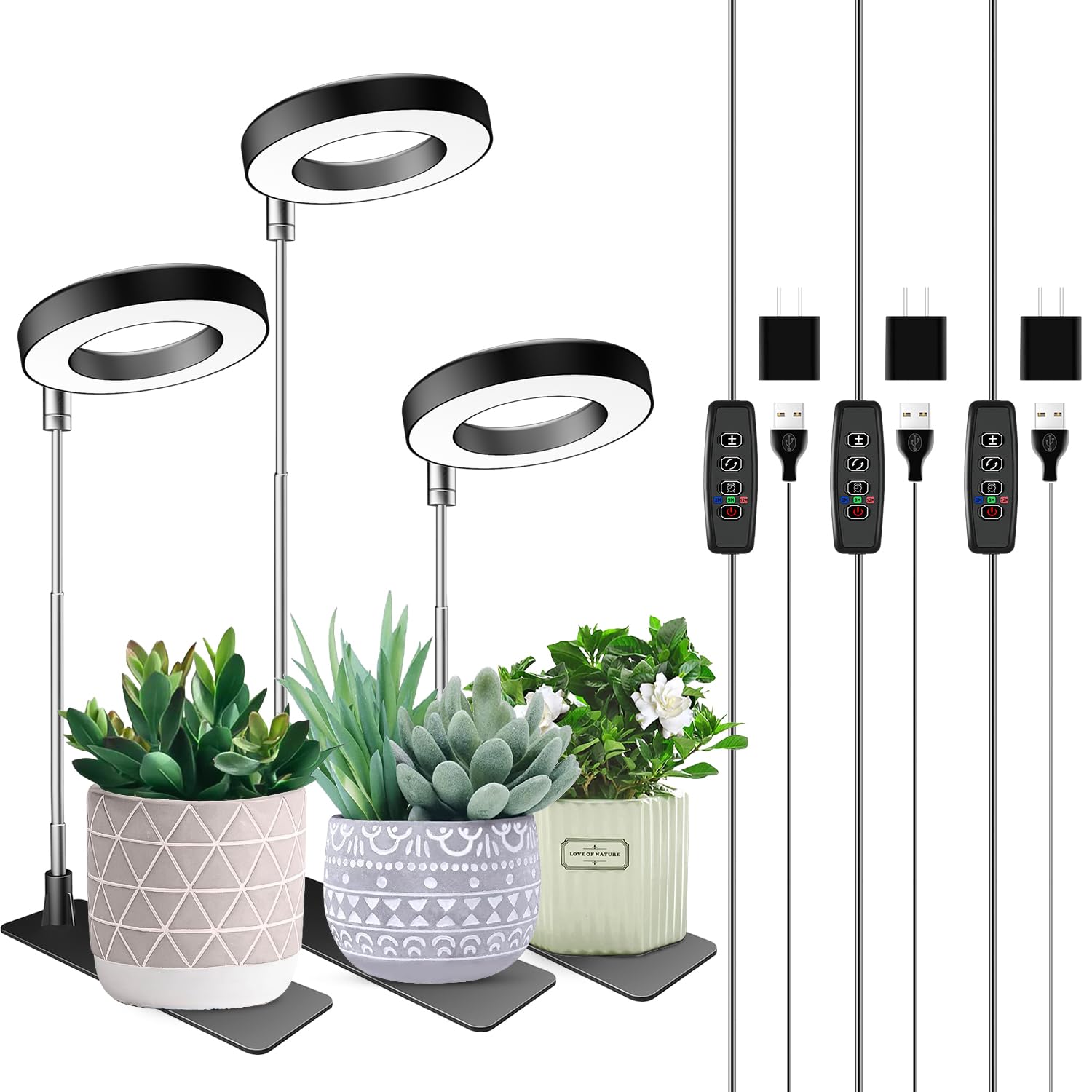 Aokrean Plant Grow Light, 48 LEDs Full Spectrum, Adjustable Height, 3 Spectrums, 10 Brightness, 3 Pack, Black, Model BL-C10A