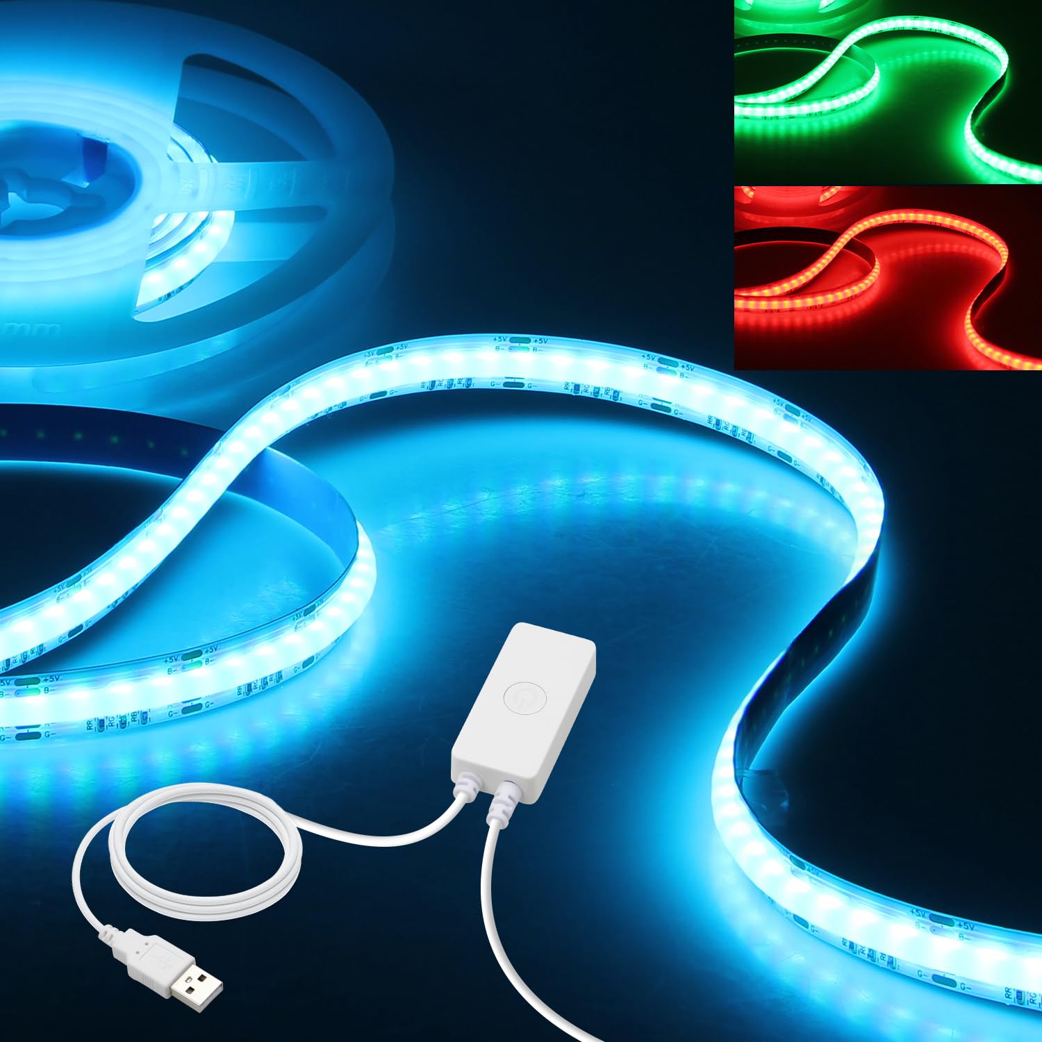 Aclorol RGB COB LED Strip Light, Multicolor, 6.56FT, Dimmable, USB-Powered, Flexible, Remote App Control, Model 91996b64-2382-