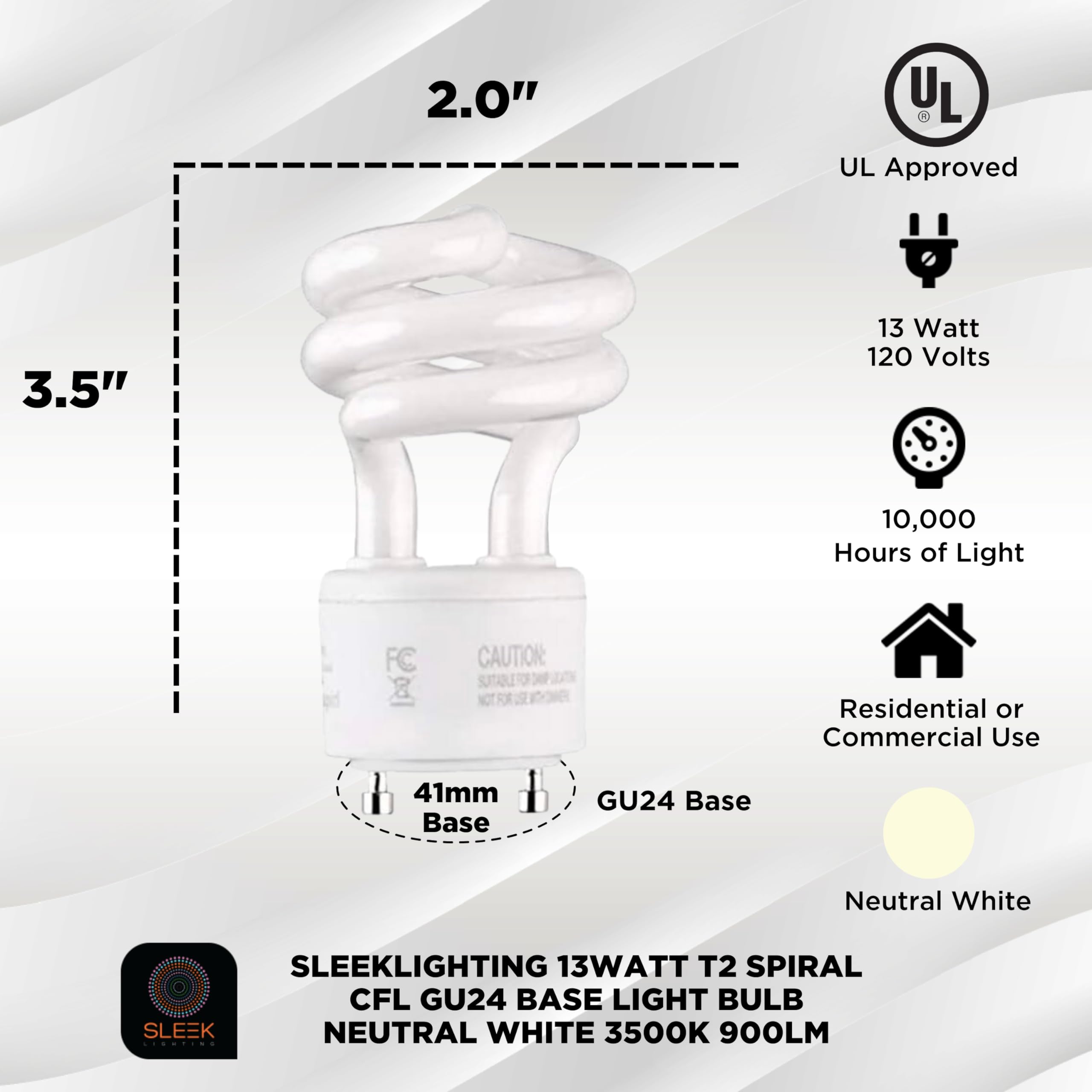 Sleeklighting - 13Watt Gu24 Base 2 Prong Light Bulbs- Ul Approved-13W 120V 60Hz Light Bulb- Mini Twist Lock Spiral -Self Ballasted Cfl Two Pin Florescent Light Bulb- 3500K Neutral White -4Pack-