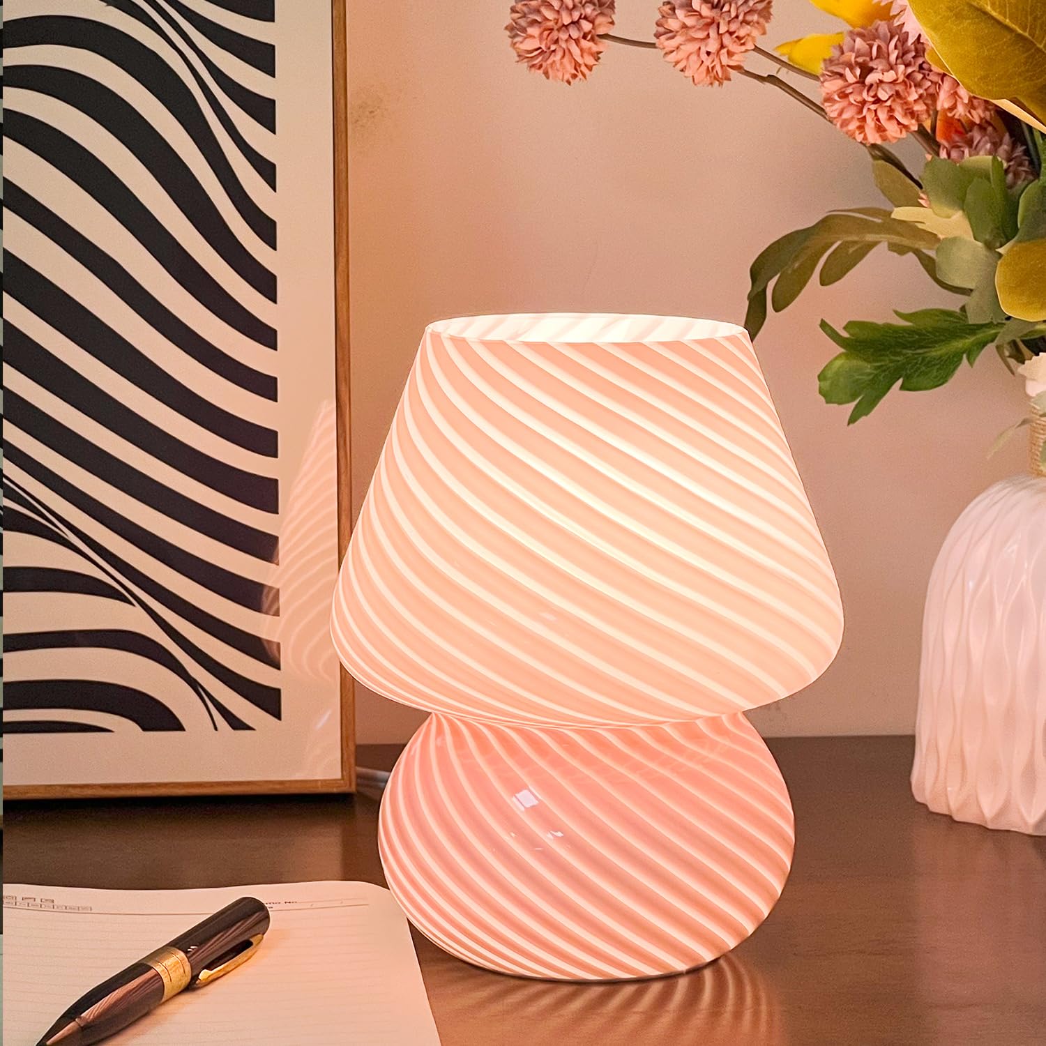 Jonong Bedside Lamp Glass Striped Mushroom Table Lamp 110V Creative Gift Night Light (Pink)