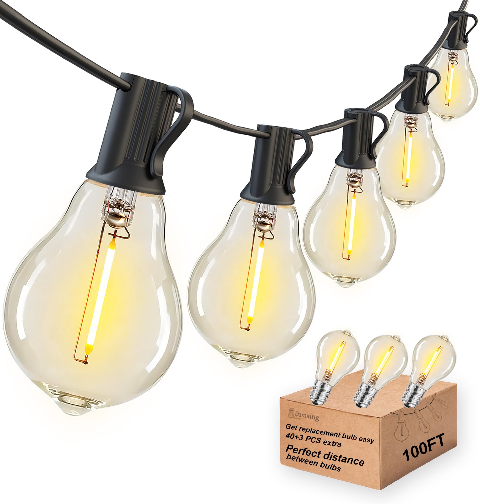 DAMAING Outdoor String Lights 100FT Patio String Lights Waterproof with 43 Shatterproof Dimmable A39 LED Edison Bulbs Connectabl