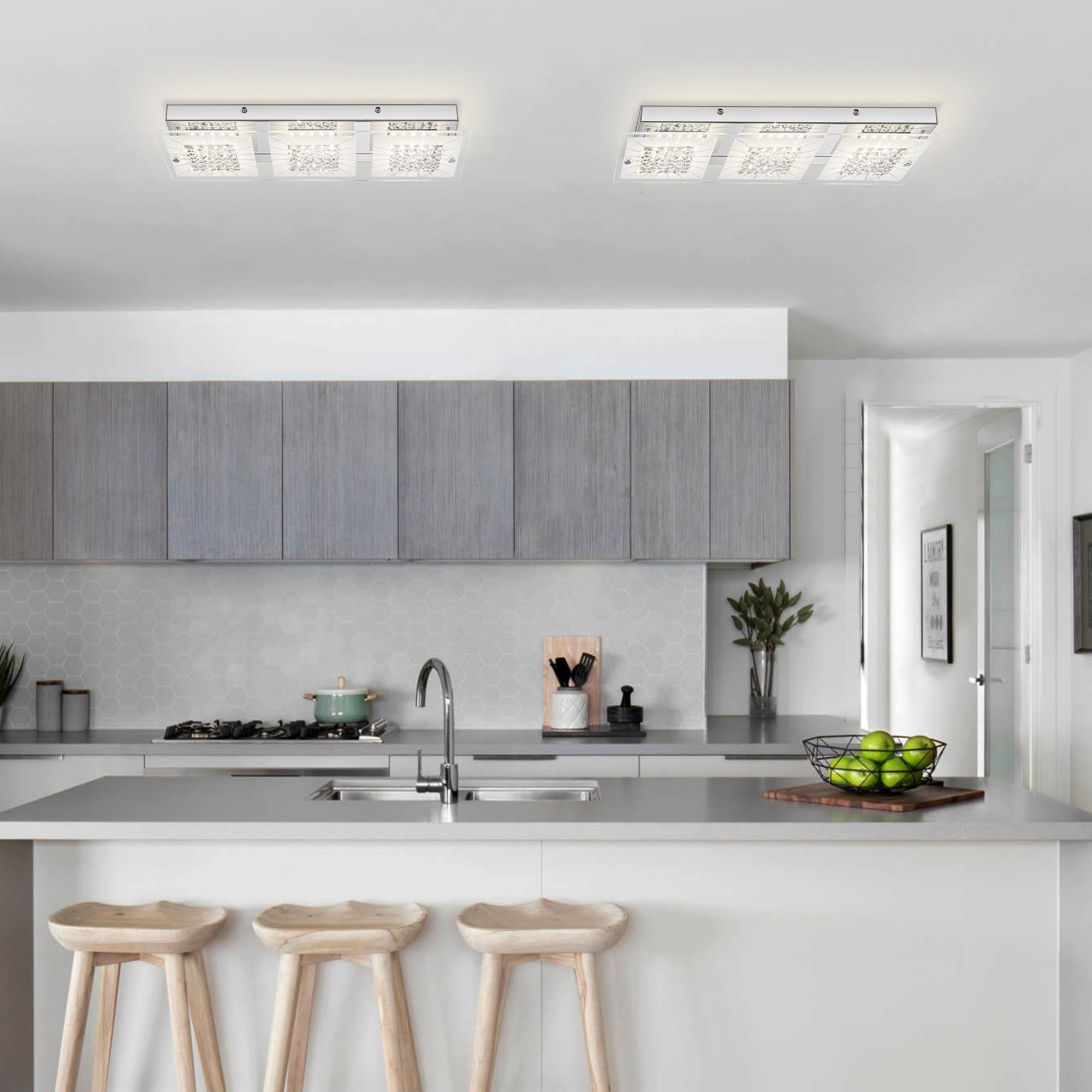 Lzawvm 18&quot; Dimmable Led Crystal Flush Mount Ceiling Light 4000K For Kitchen & Bathroom