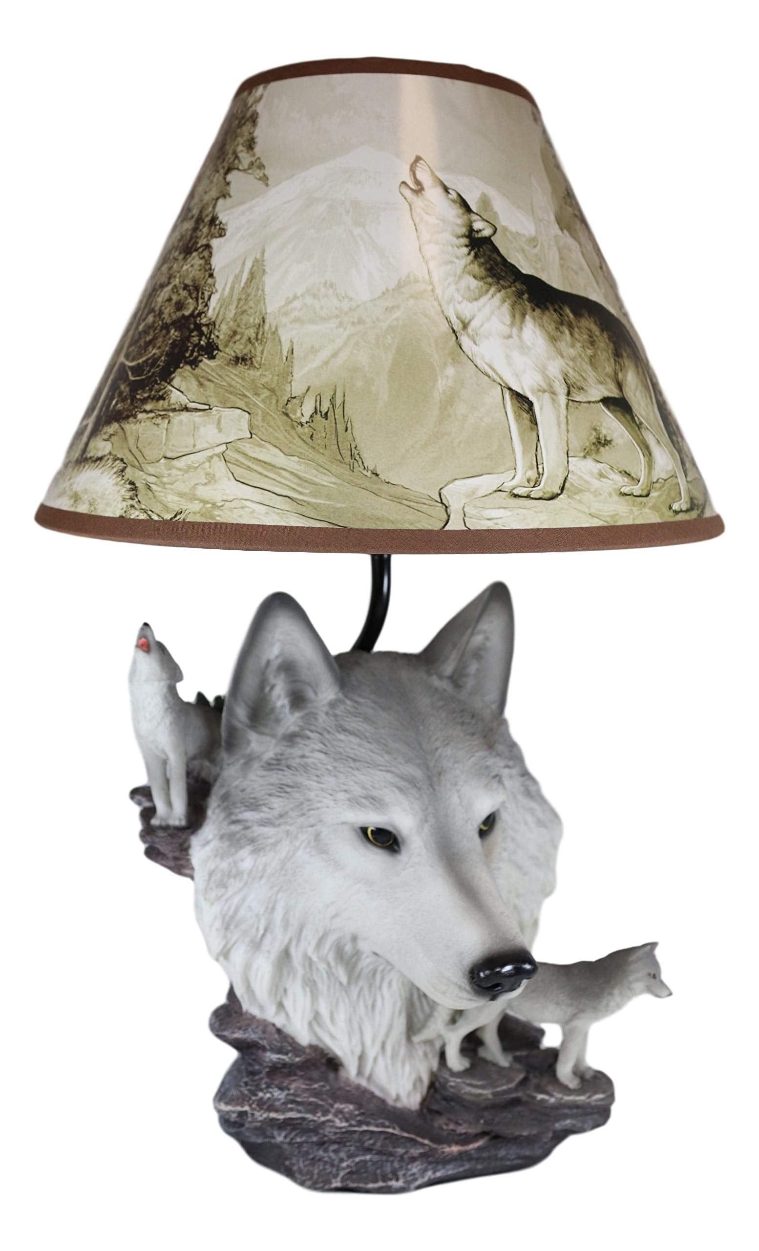 Ebros Gift Wildlife Rustic Full Moon Gray Wolf Akela Head Bust With Howling Wolves On Rocks Sculptural Desktop Side Table Lamp With Shade Home Furnishing 19"Tall Wolves Timber Wolf Family Decor Statue