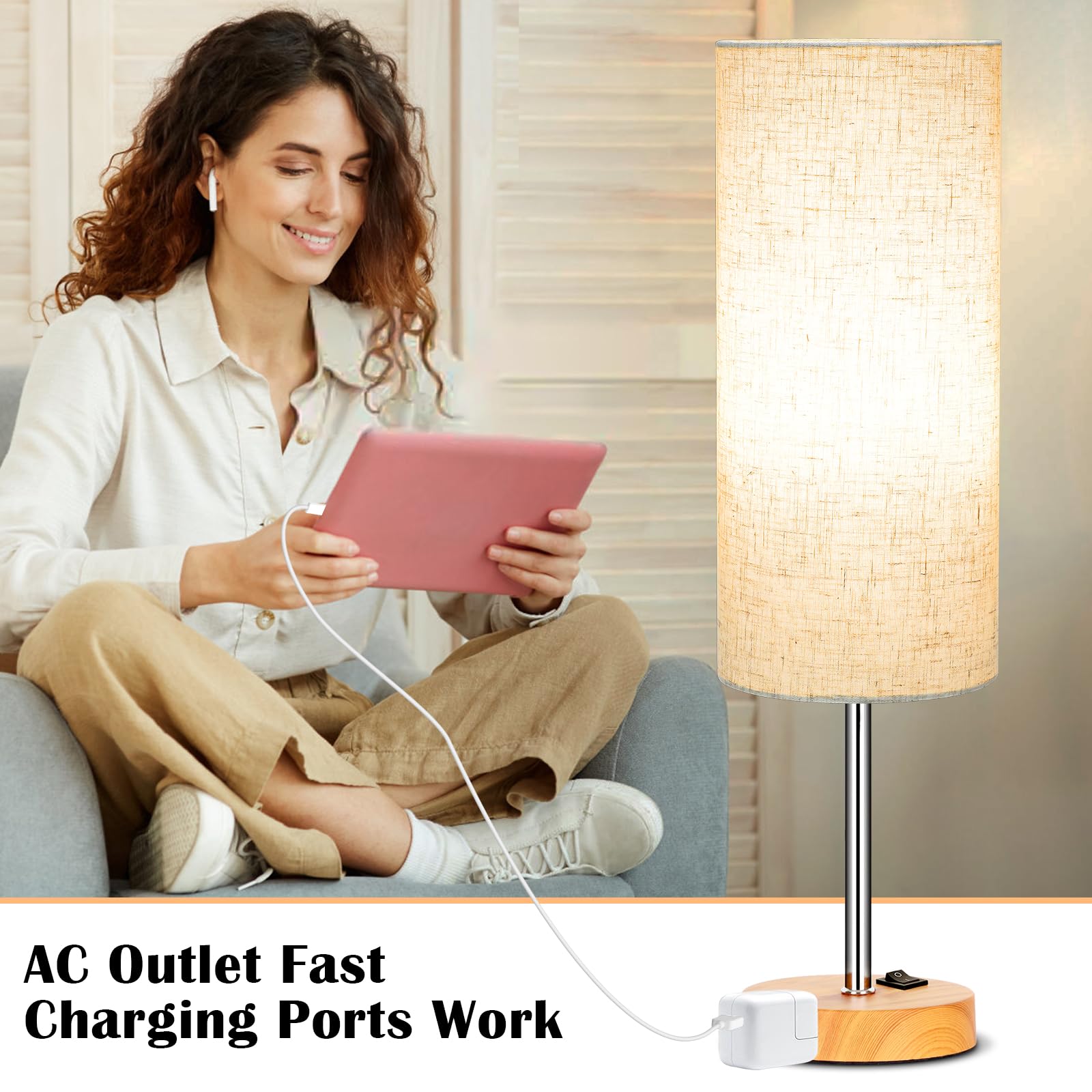 ZJOJO Table Lamp 2 Pack, 18in Dimmable with Rocker Switch, Flaxen Fabric Shade, Woodgrain Base, Model RD-PTL6W-036