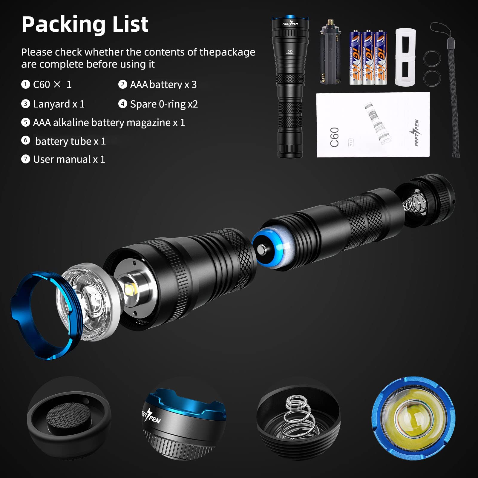 Peetpen C60 Flashlight 1000 Lumens Zoomable, Led Flashlight Ipx6 Waterproof, 4 Modes Tactical Flash Light For Camping, Home, Eme