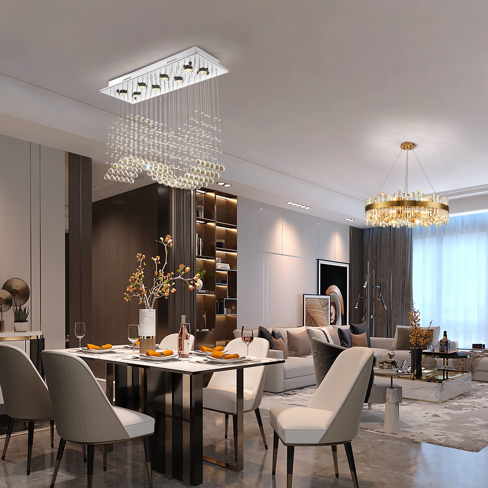 Siljoy Modern Wave 8-Light Chrome Crystal Chandelier, Flush Mount Pendant, L31.5'' x W12'' x H28'', Perfect for Dining and Living Room