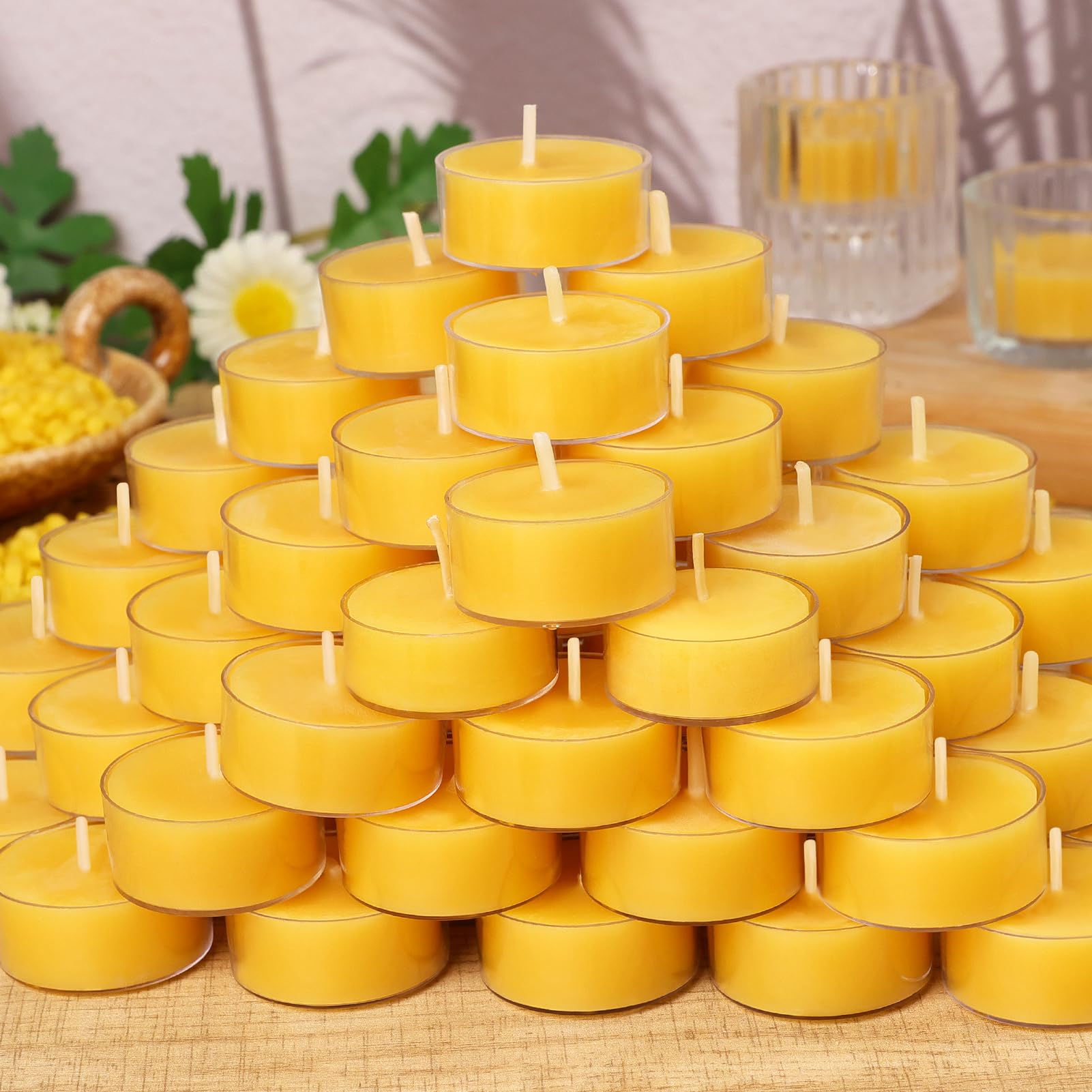 50 Packs Beeswax Tealight Candles Bulk,4 Hours 100% Pure Beeswax Tea Lights Candle in Clear Cup,Natural Scent Bees Wax Candles S
